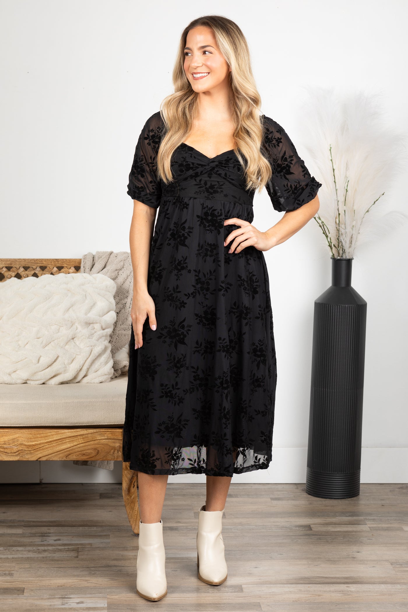 black twist front midi dress Reiss Velvet Ruched Twist-Front Midi Dress in Black