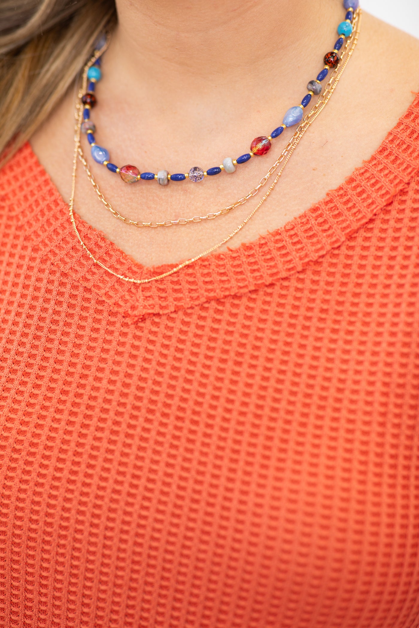 Blue Beaded Triple Strand Necklace