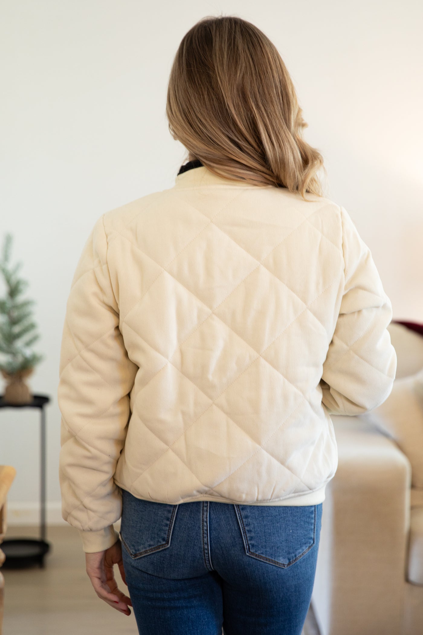 Cream Quilted Bomber Jacket