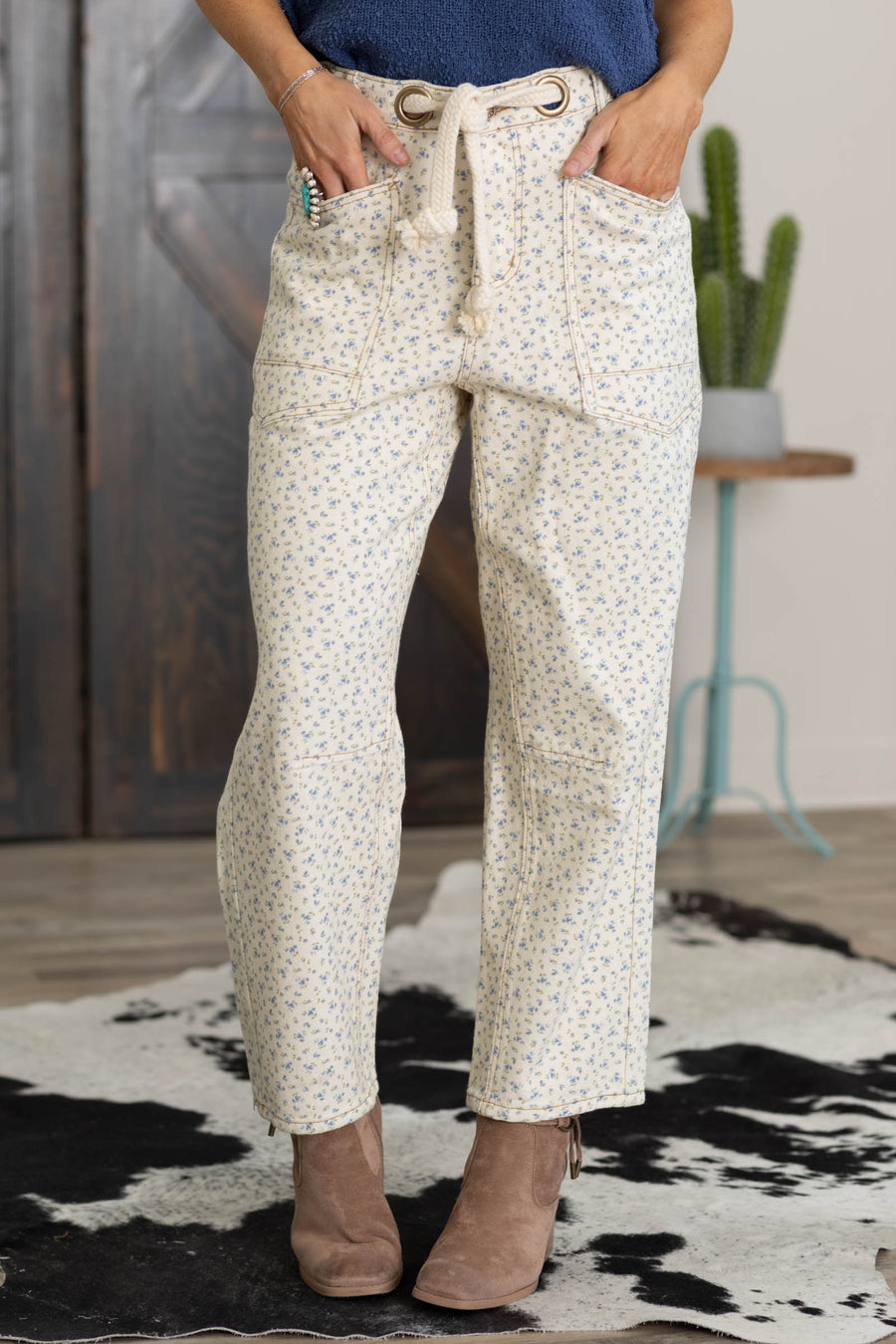 Cream With Blue Floral Print Rope Pants