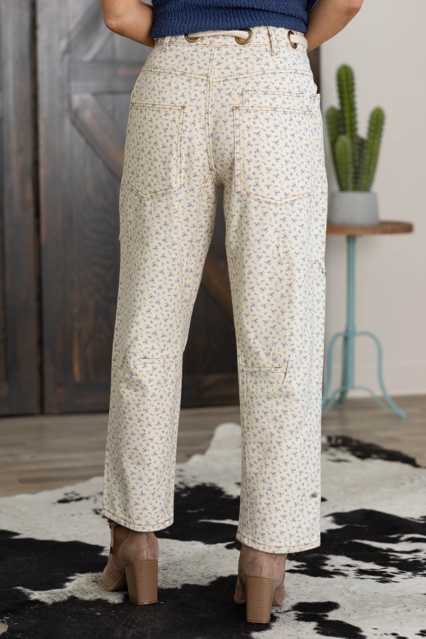 Cream With Blue Floral Print Rope Pants