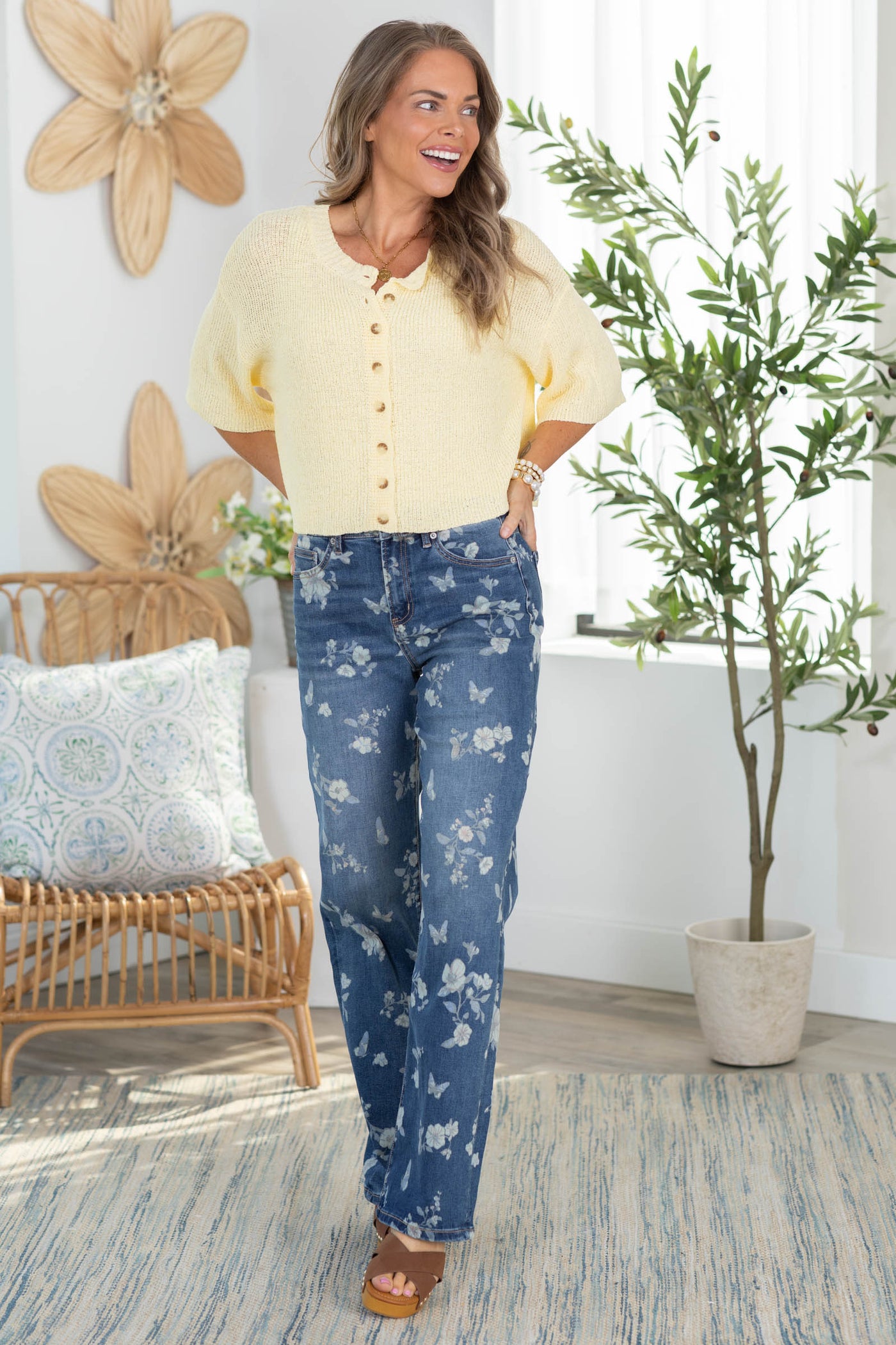 Mica Rich Blue Floral High Rise Wide Leg Jeans
