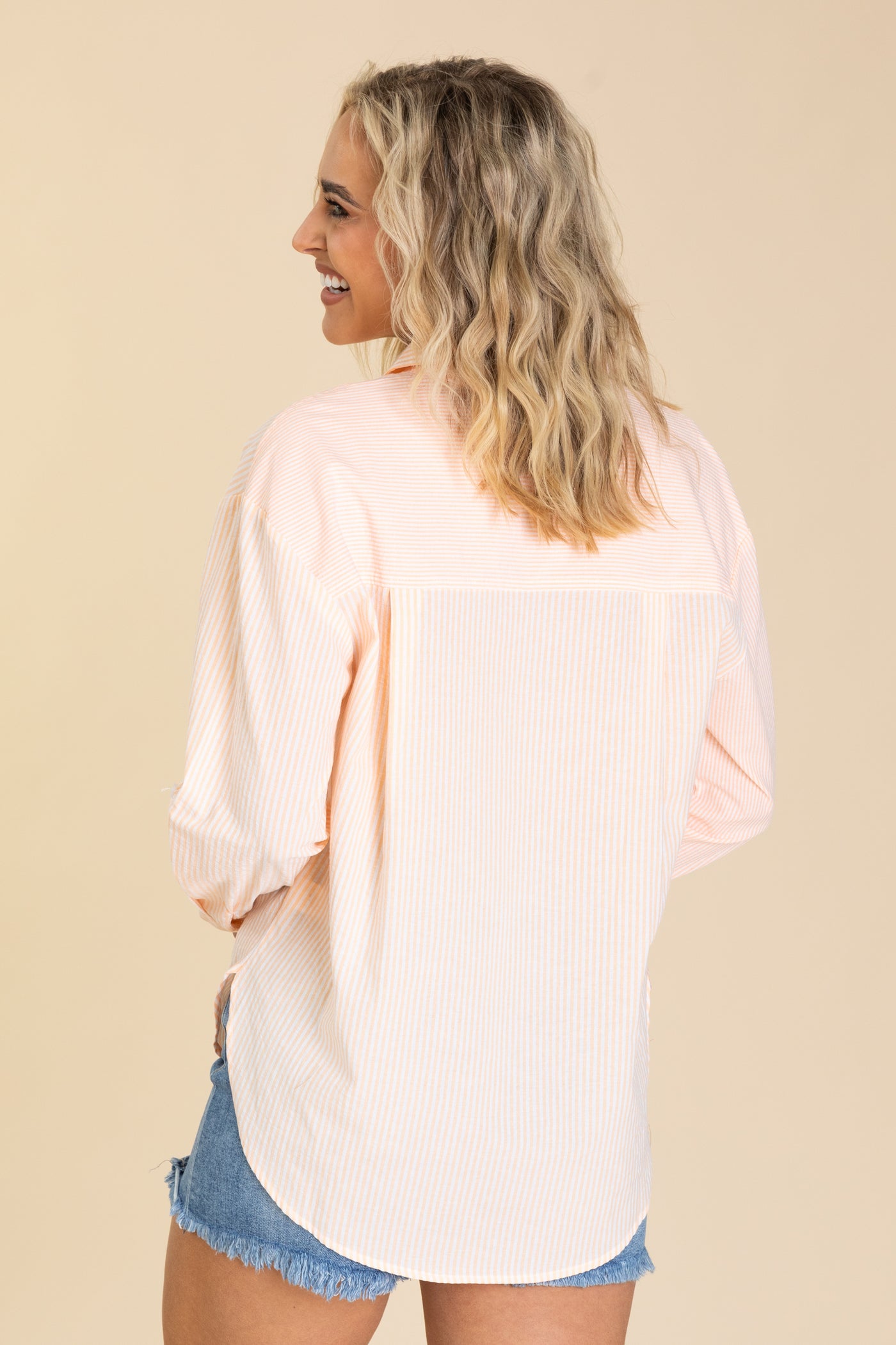 Tangerine Stripe Cotton Blend Button Up