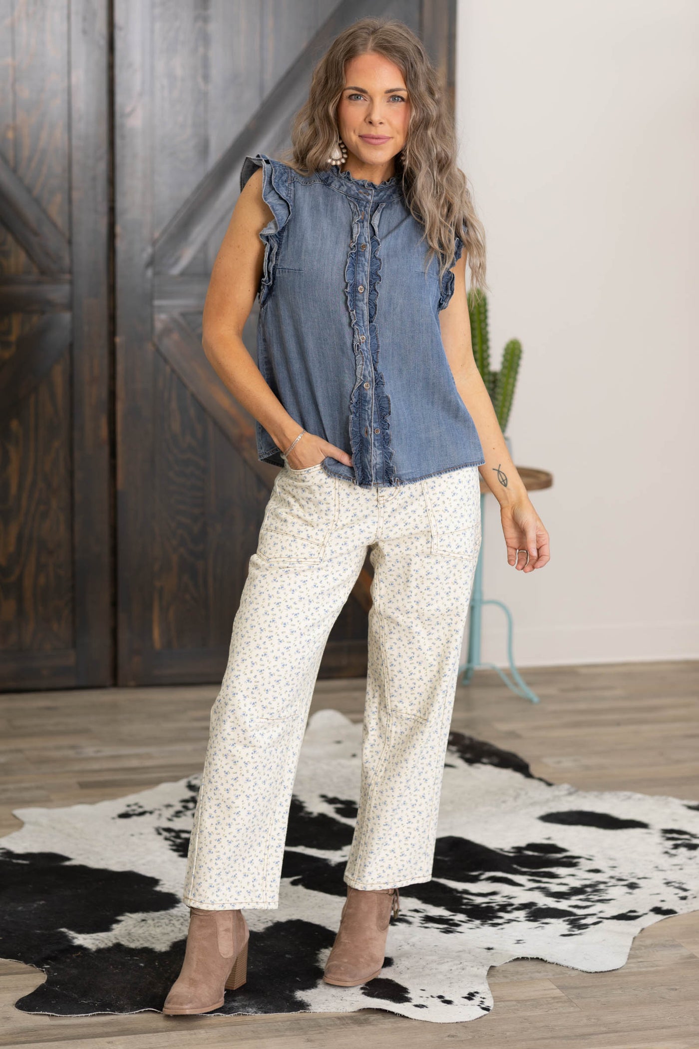 Washed Denim Layered Ruffle Detail Top