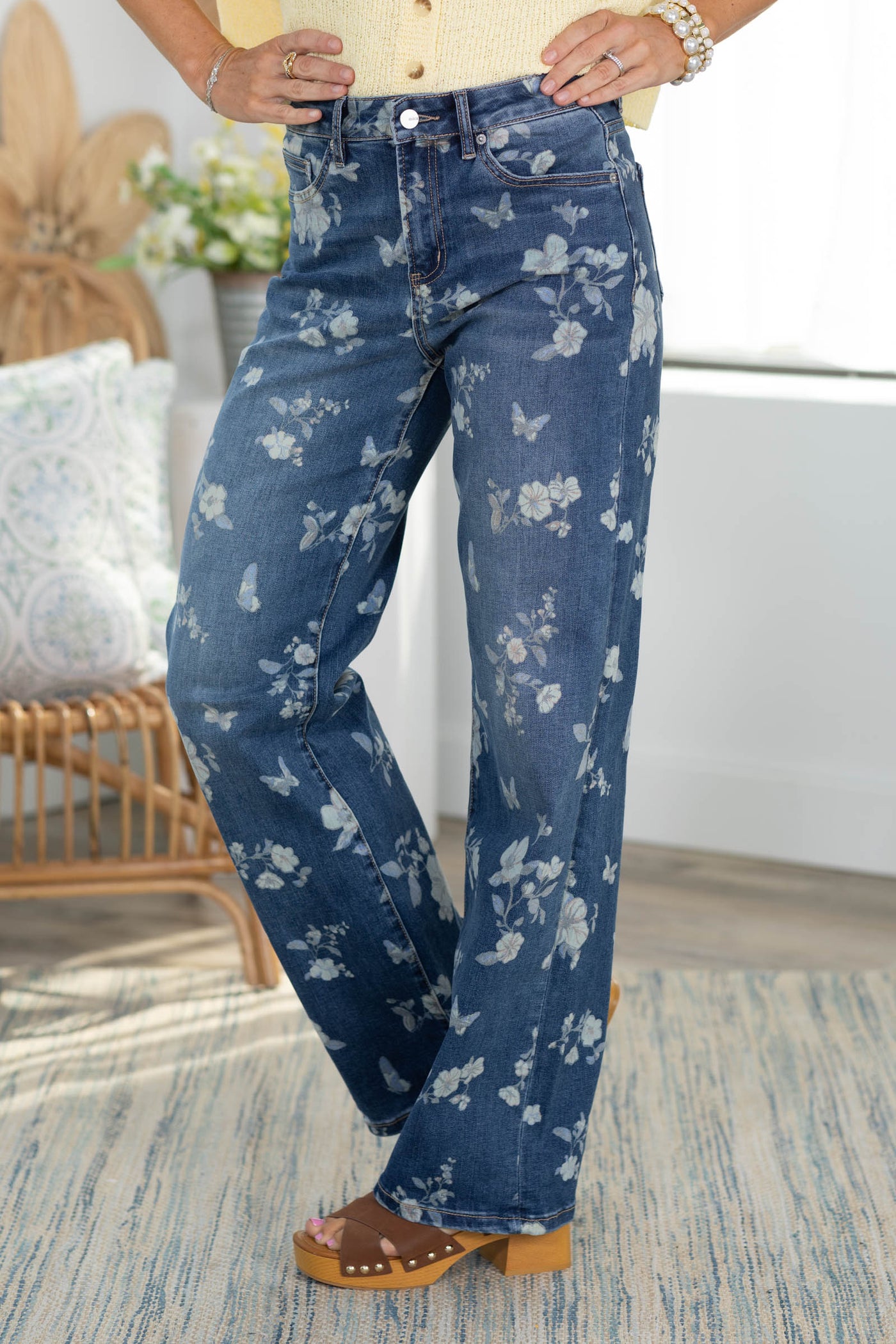 Mica Rich Blue Floral High Rise Wide Leg Jeans