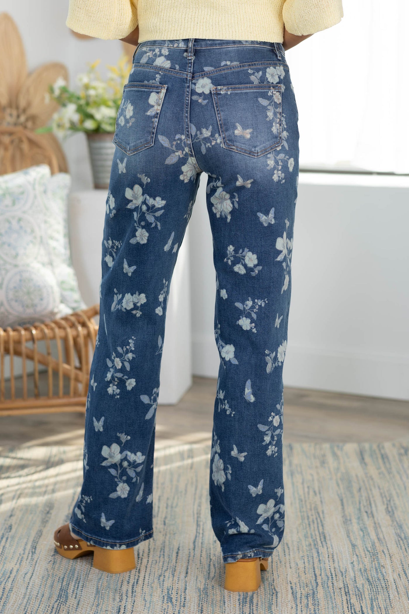 Mica Rich Blue Floral High Rise Wide Leg Jeans