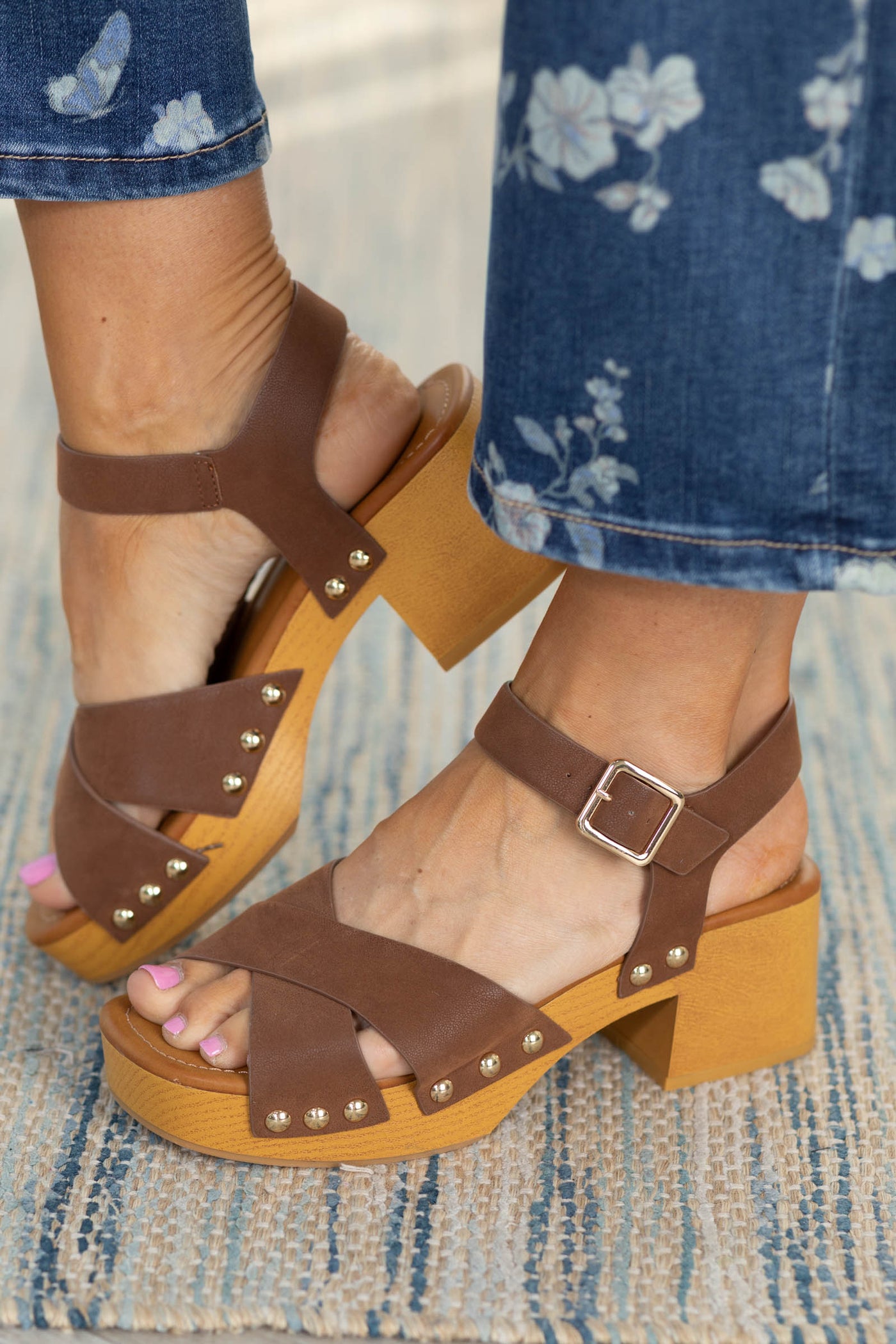 MIA Cognac Block Heel With Ankle Strap