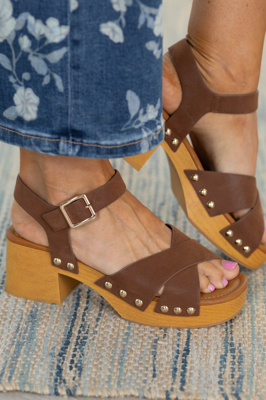 MIA Cognac Block Heel With Ankle Strap