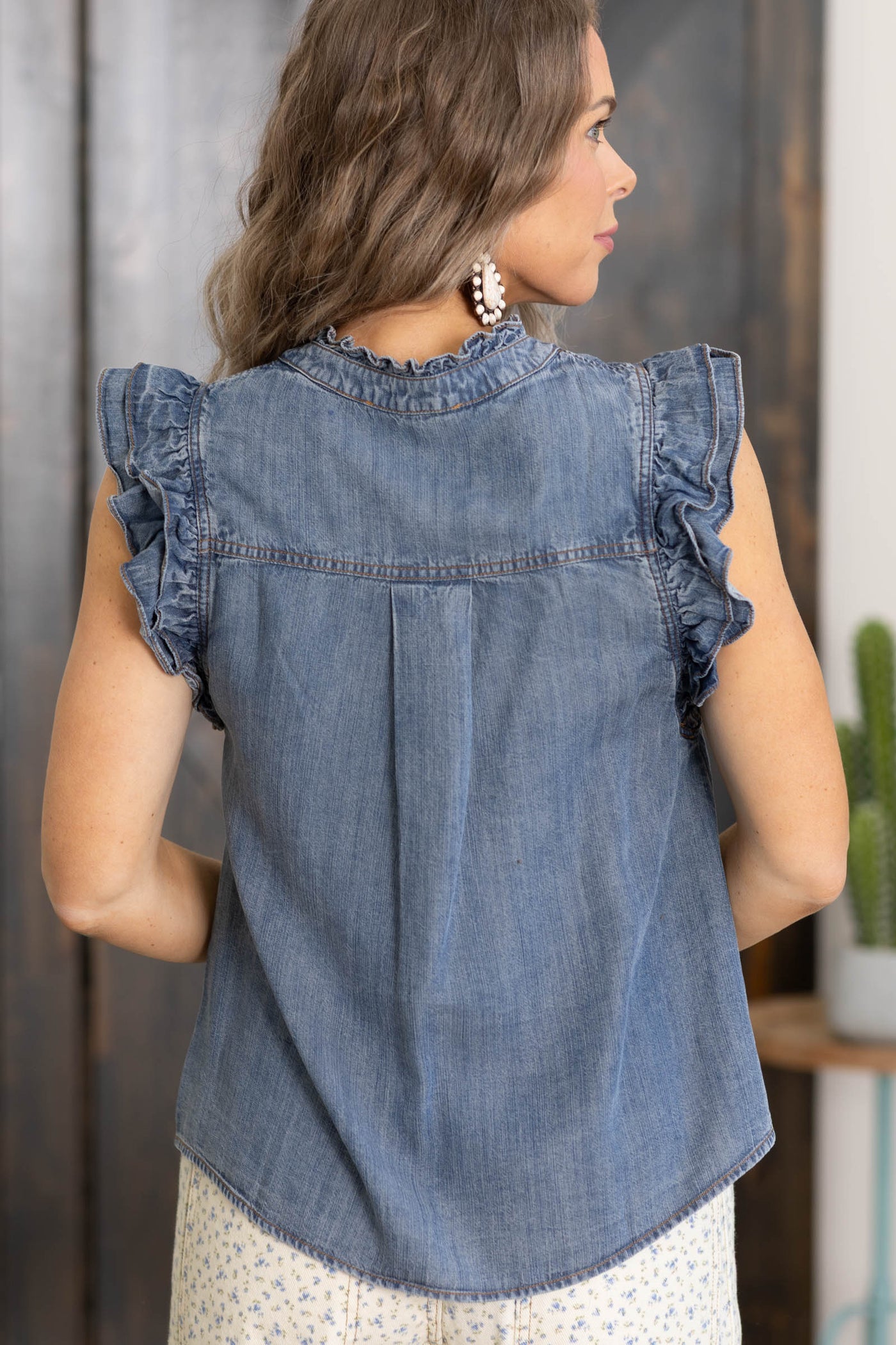 Washed Denim Layered Ruffle Detail Top