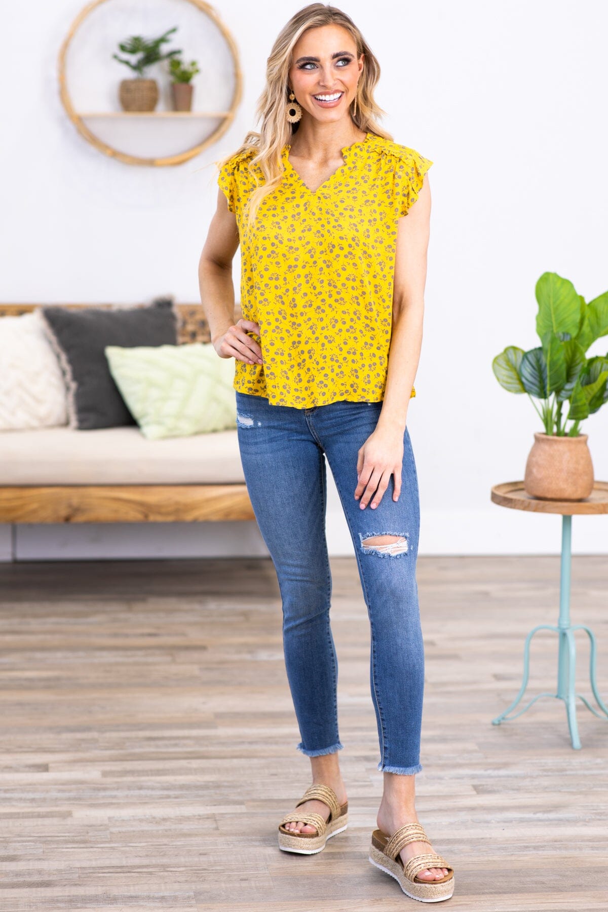 Mustard and Mocha Ditsy Floral Notch Neck Top - Filly Flair
