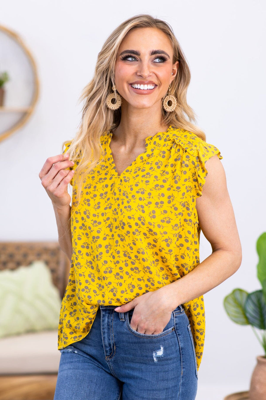 Mustard and Mocha Ditsy Floral Notch Neck Top - Filly Flair