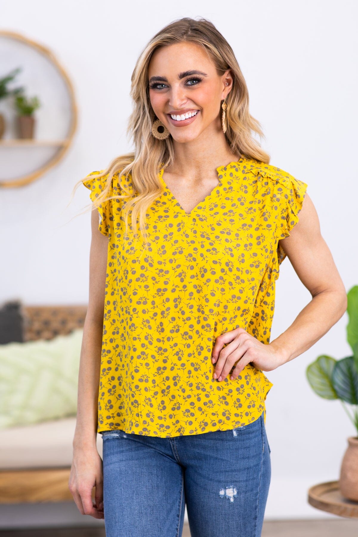 Mustard and Mocha Ditsy Floral Notch Neck Top - Filly Flair
