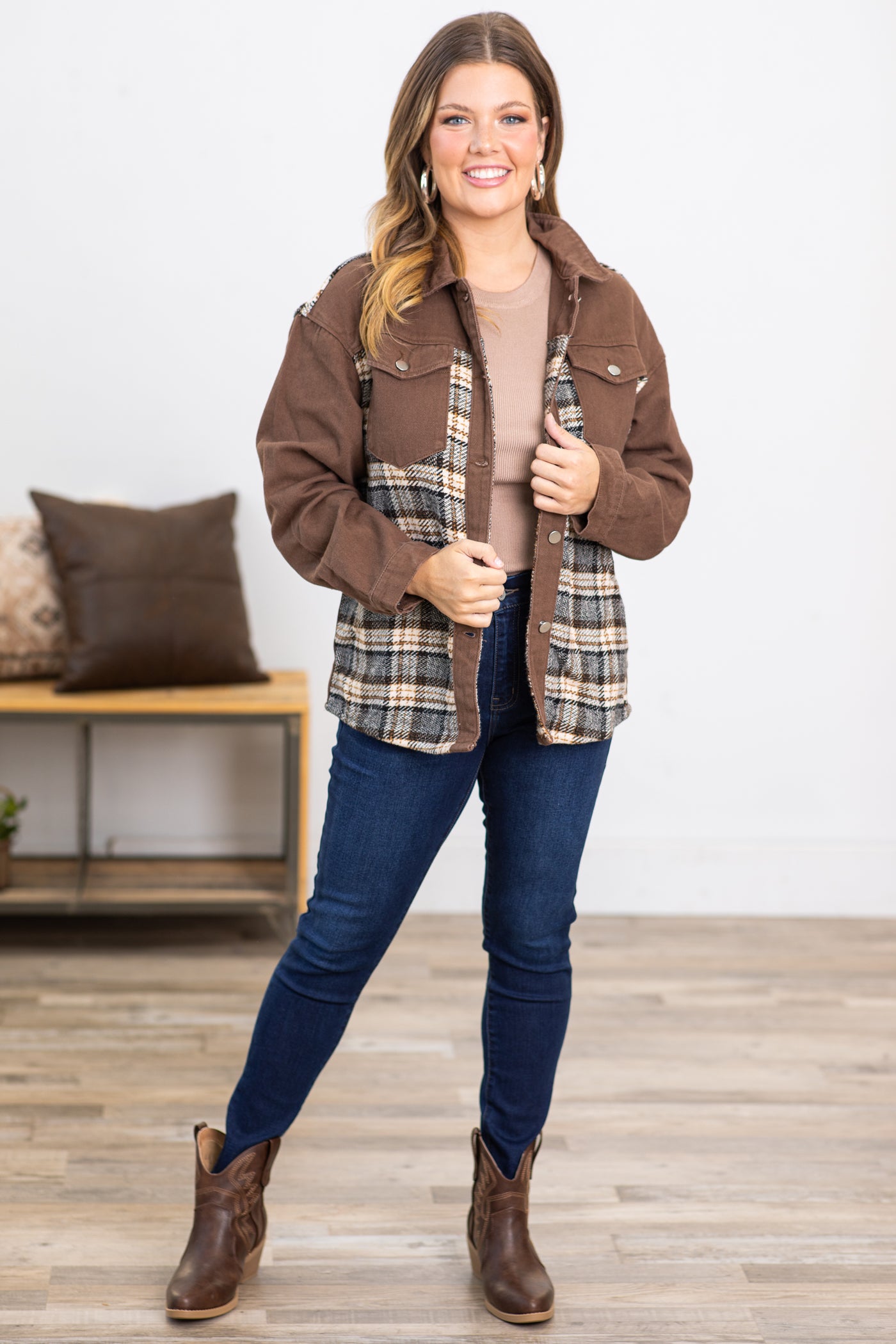 Brown Corduroy Jacket With Plaid Detail