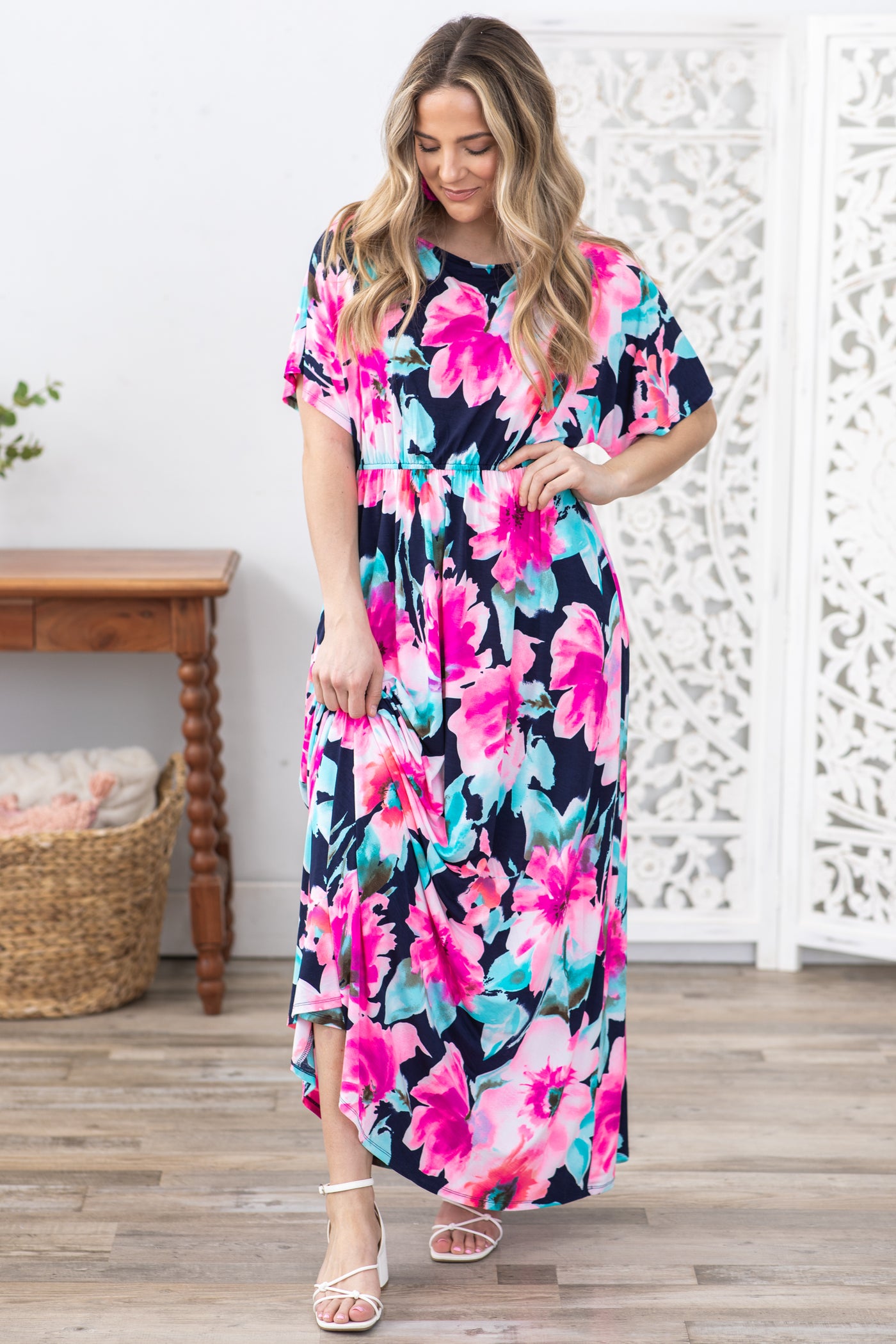 Navy Flower Print Boat Neck Maxi Dress Filly Flair Navy Flower Print Boat Neck Maxi Dress Filly Flair