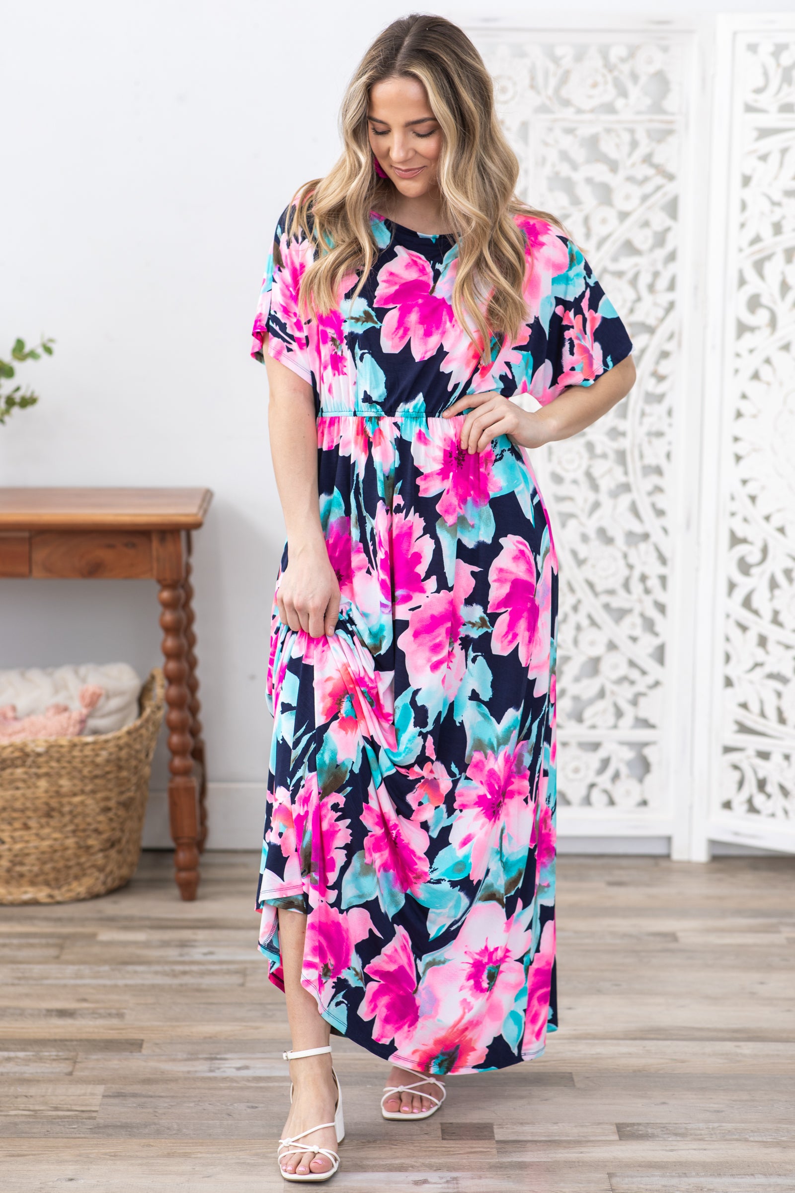 Navy Flower Print Boat Neck Maxi Dress · Filly Flair