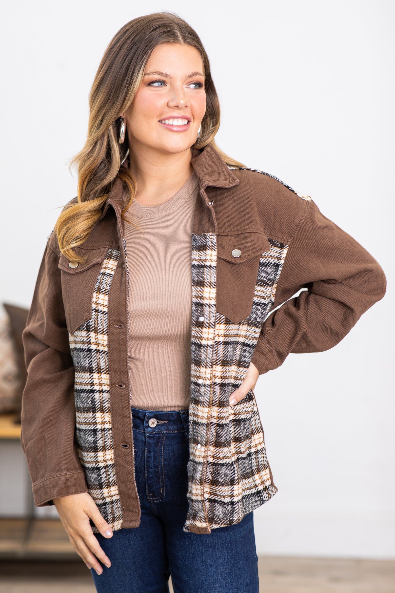 Brown Corduroy Jacket With Plaid Detail