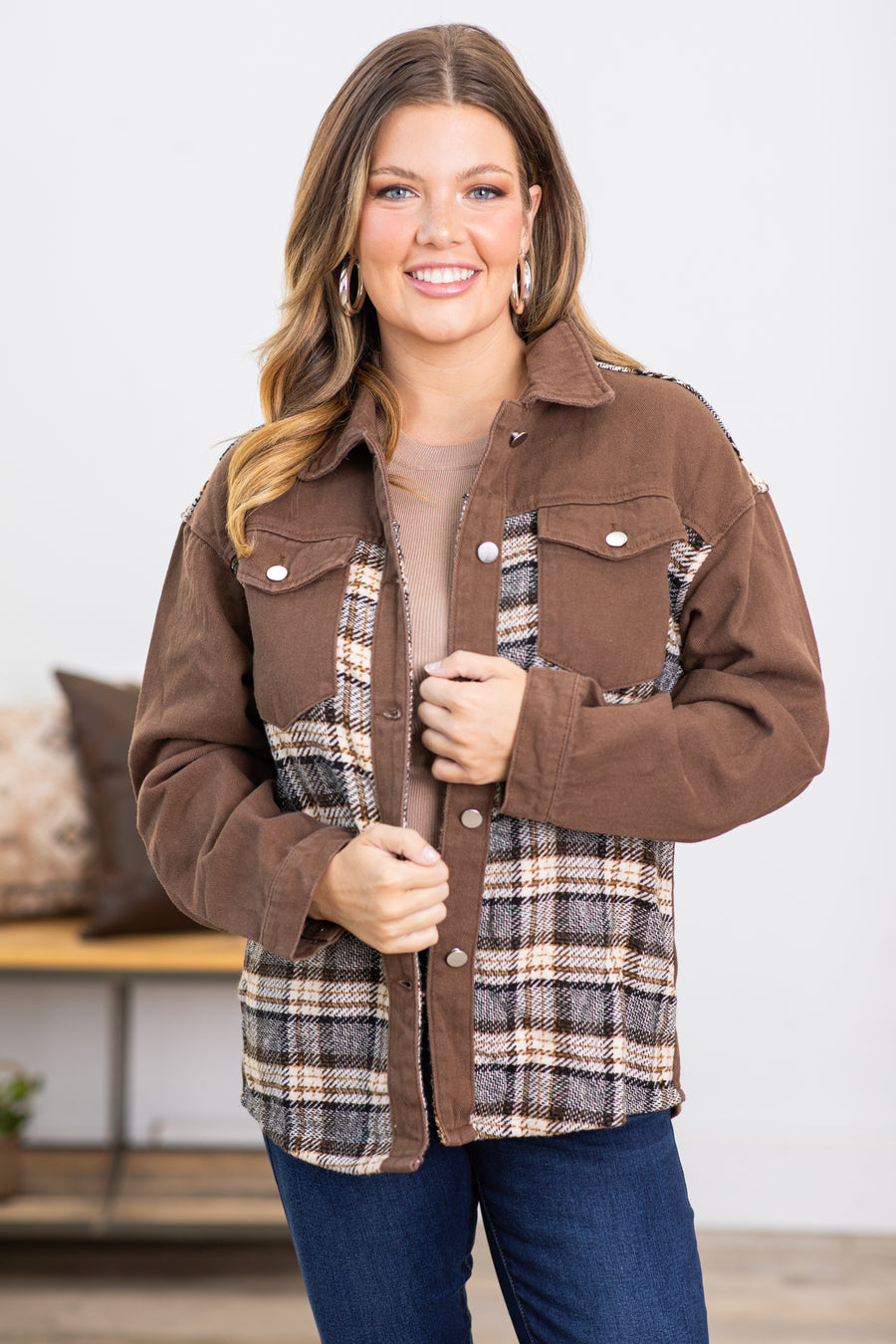 Brown Corduroy Jacket With Plaid Detail