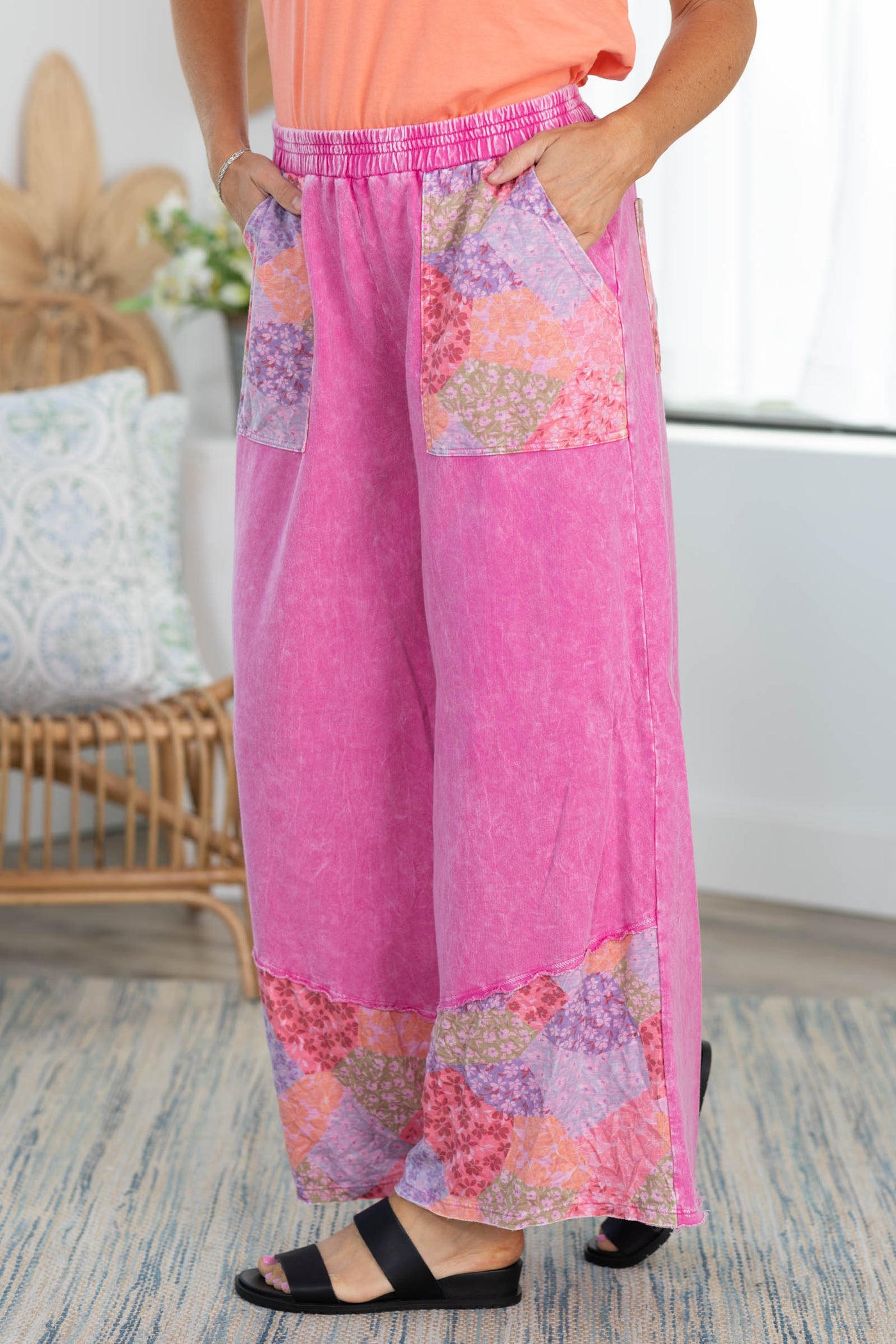 Mineral Washed Floral Colorblock Wide Leg Pants