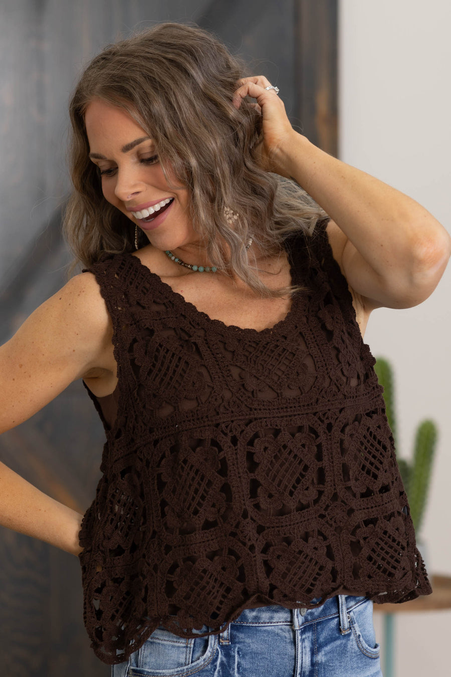Brown Casual Crochet Tank Top