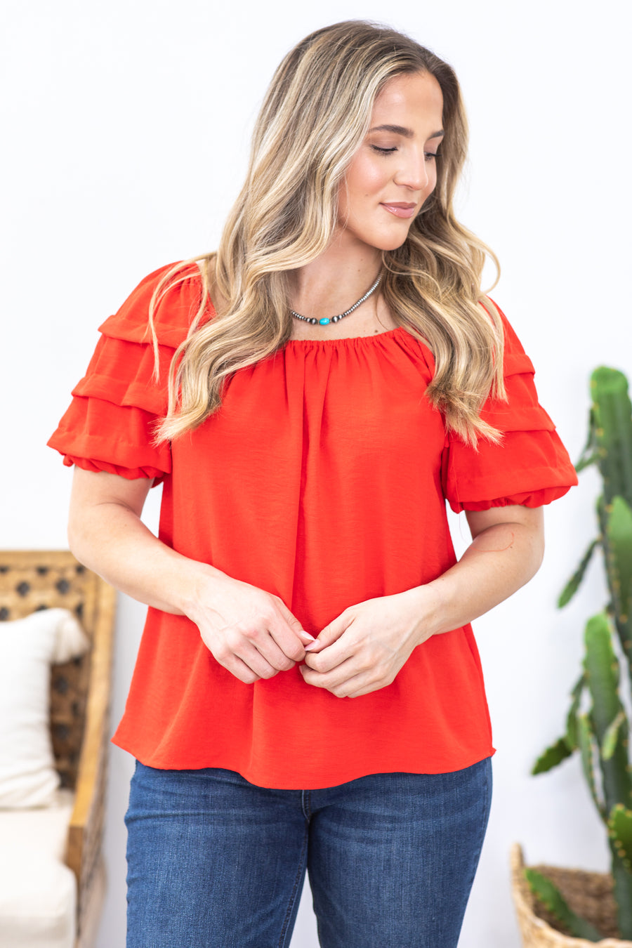 Red Tiered Puff Sleeve Woven Top