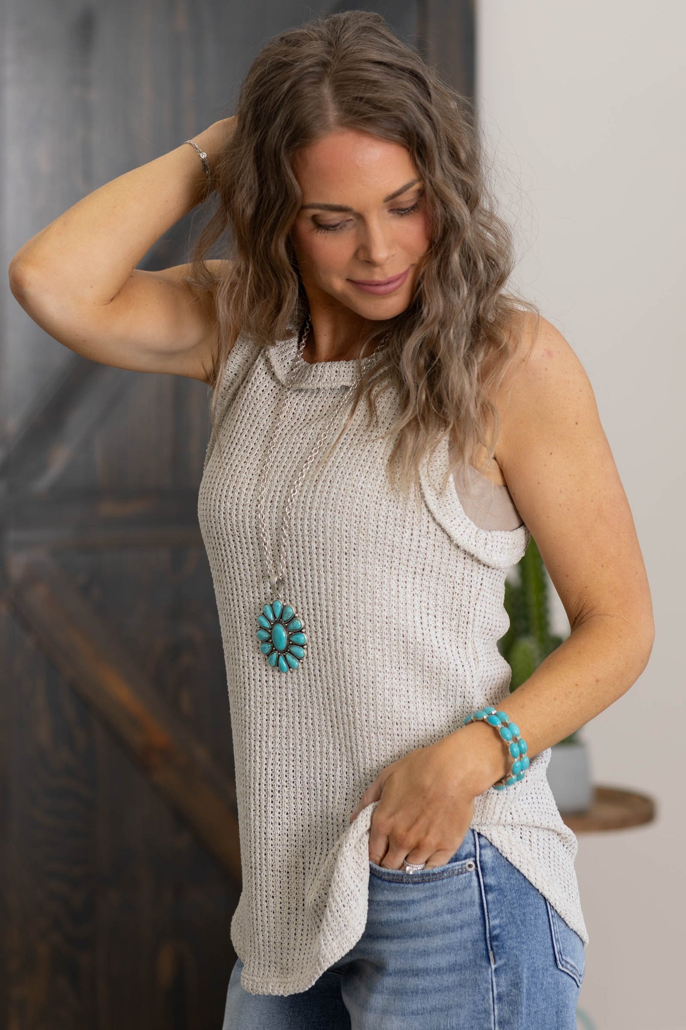 Beige Textured Sleeveless Knit Tank Top