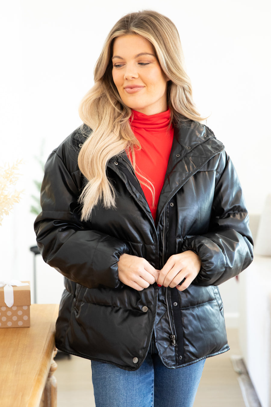 Black Vegan Leather Puffer Jacket