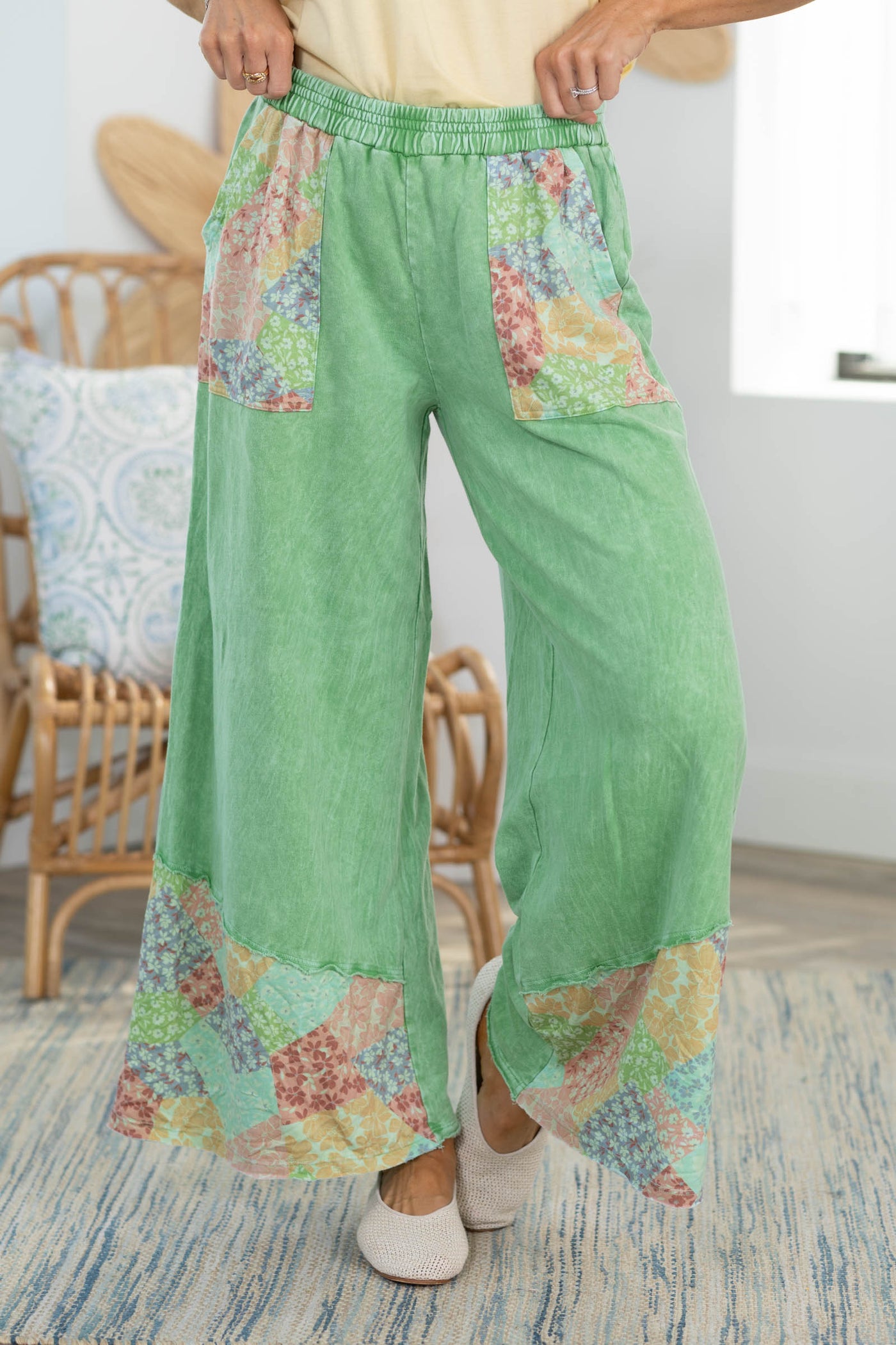 Mineral Washed Floral Colorblock Wide Leg Pants