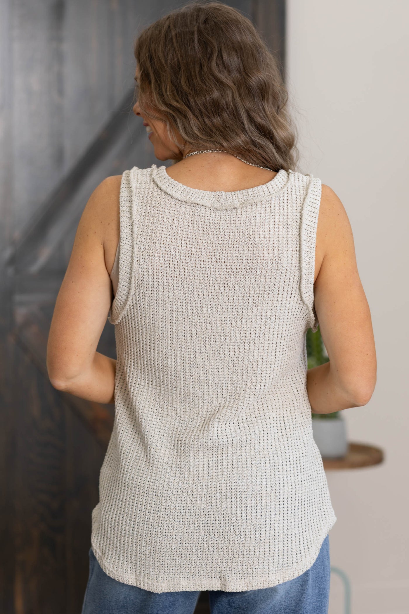 Beige Textured Sleeveless Knit Tank Top