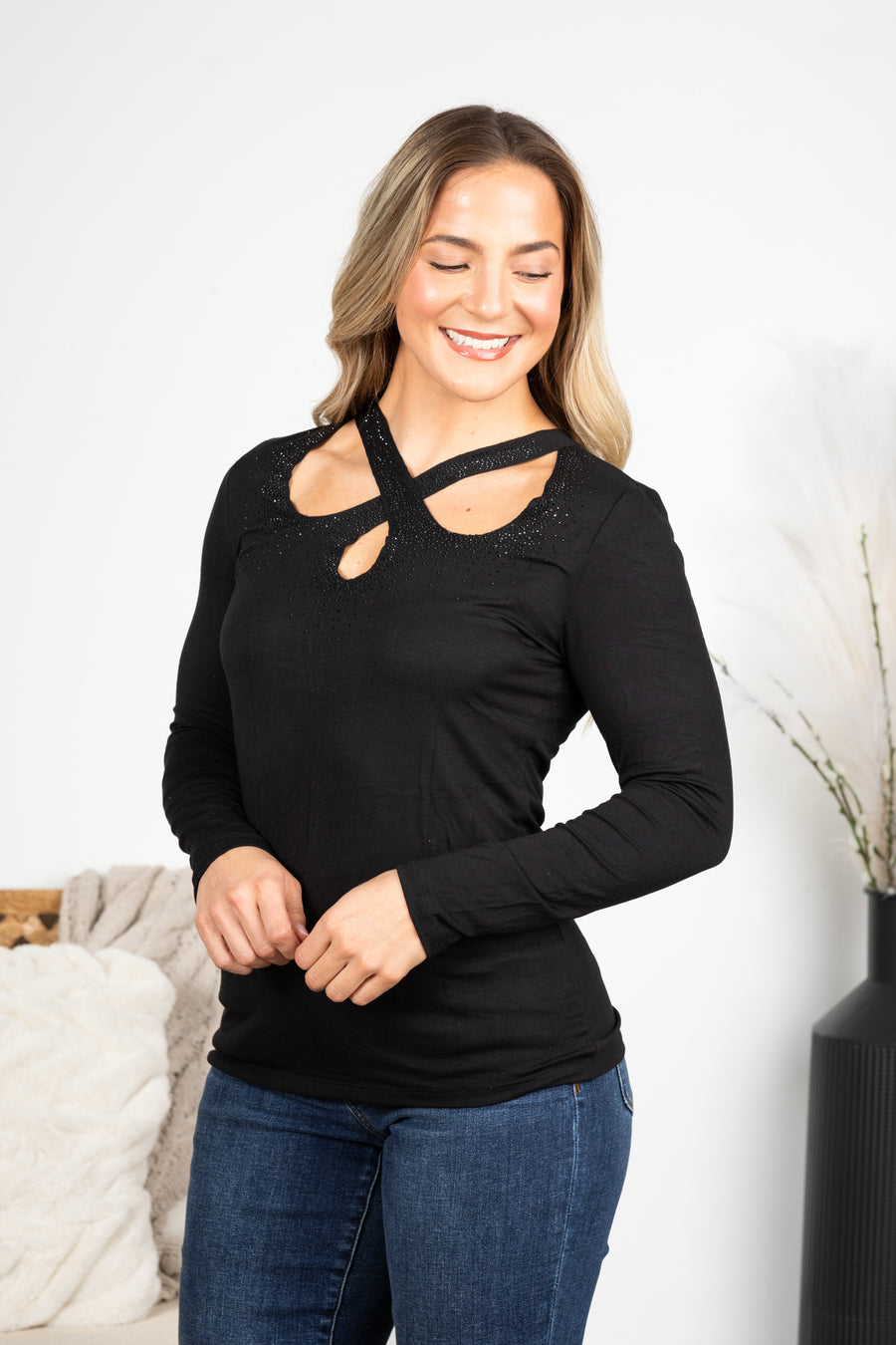 Black Knit Top With Crisscross And Stones