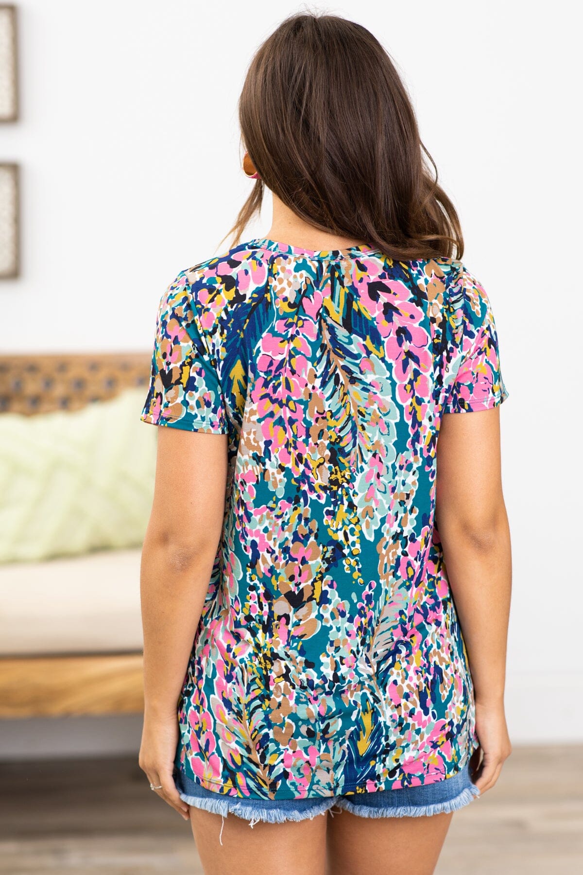 Pink and Teal Leaf Print Short Sleeve Top - Filly Flair