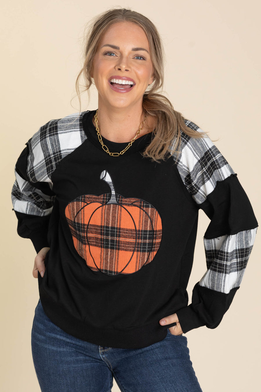 Black Combo Plaid Pumpkin Graphic Sweatshirt