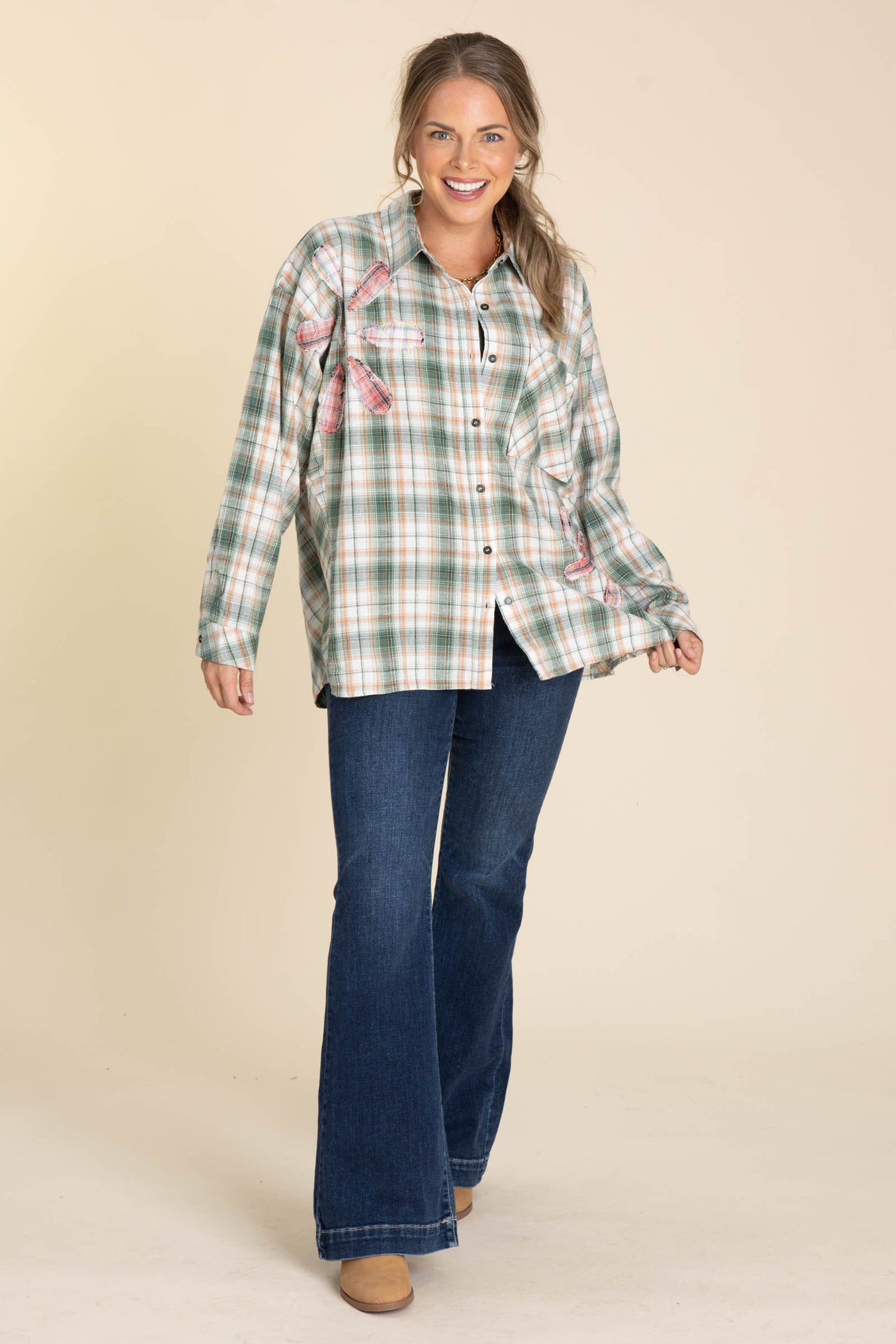 Green Plaid With Floral Patch Woven Top
