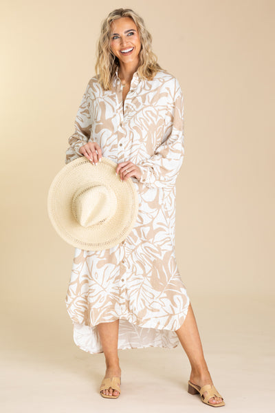 Khaki Printed Button Down Shirt Dress · Filly Flair