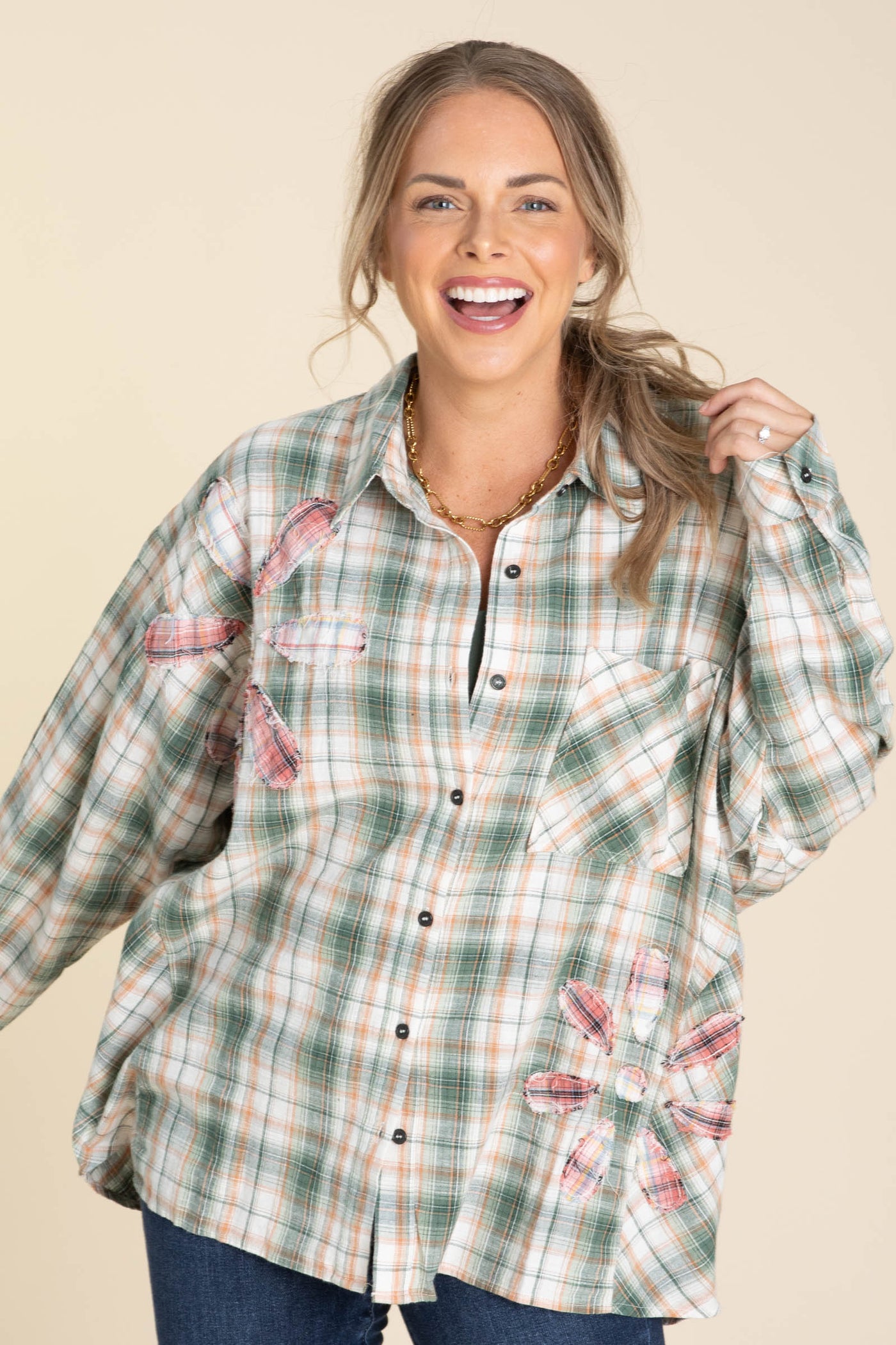 Green Plaid With Floral Patch Woven Top