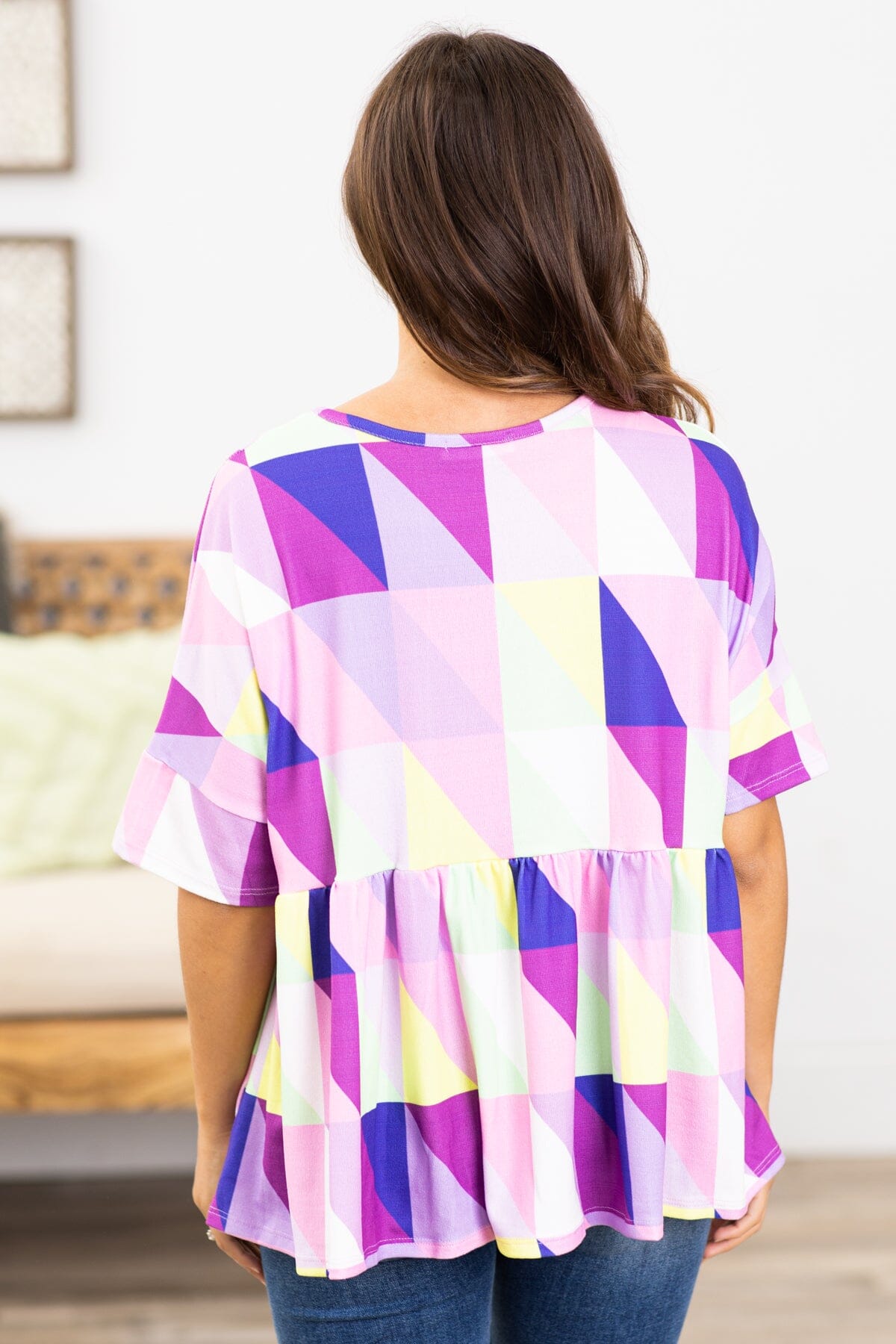 Purple Multicolor Geometric Babydoll Top - Filly Flair