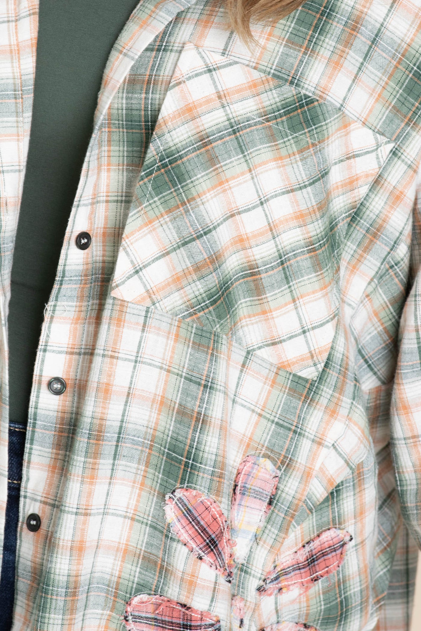 Green Plaid With Floral Patch Woven Top