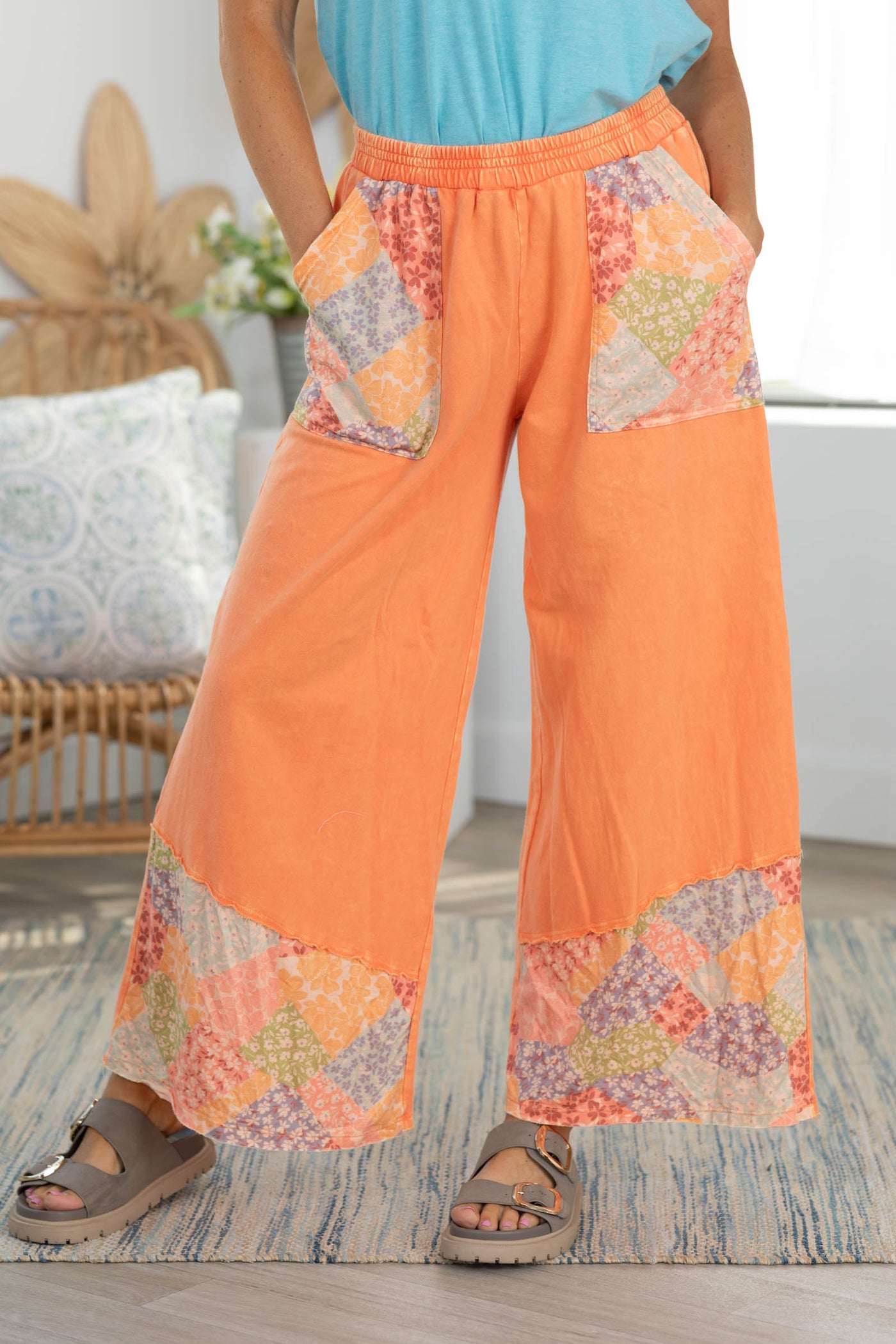 Mineral Washed Floral Colorblock Wide Leg Pants