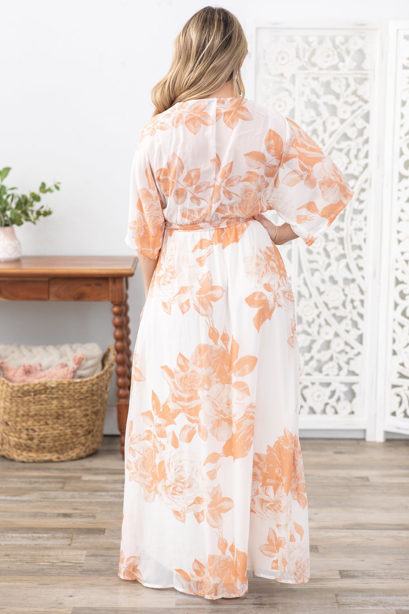 Peach Floral With Adjustable Belt Maxi Dress