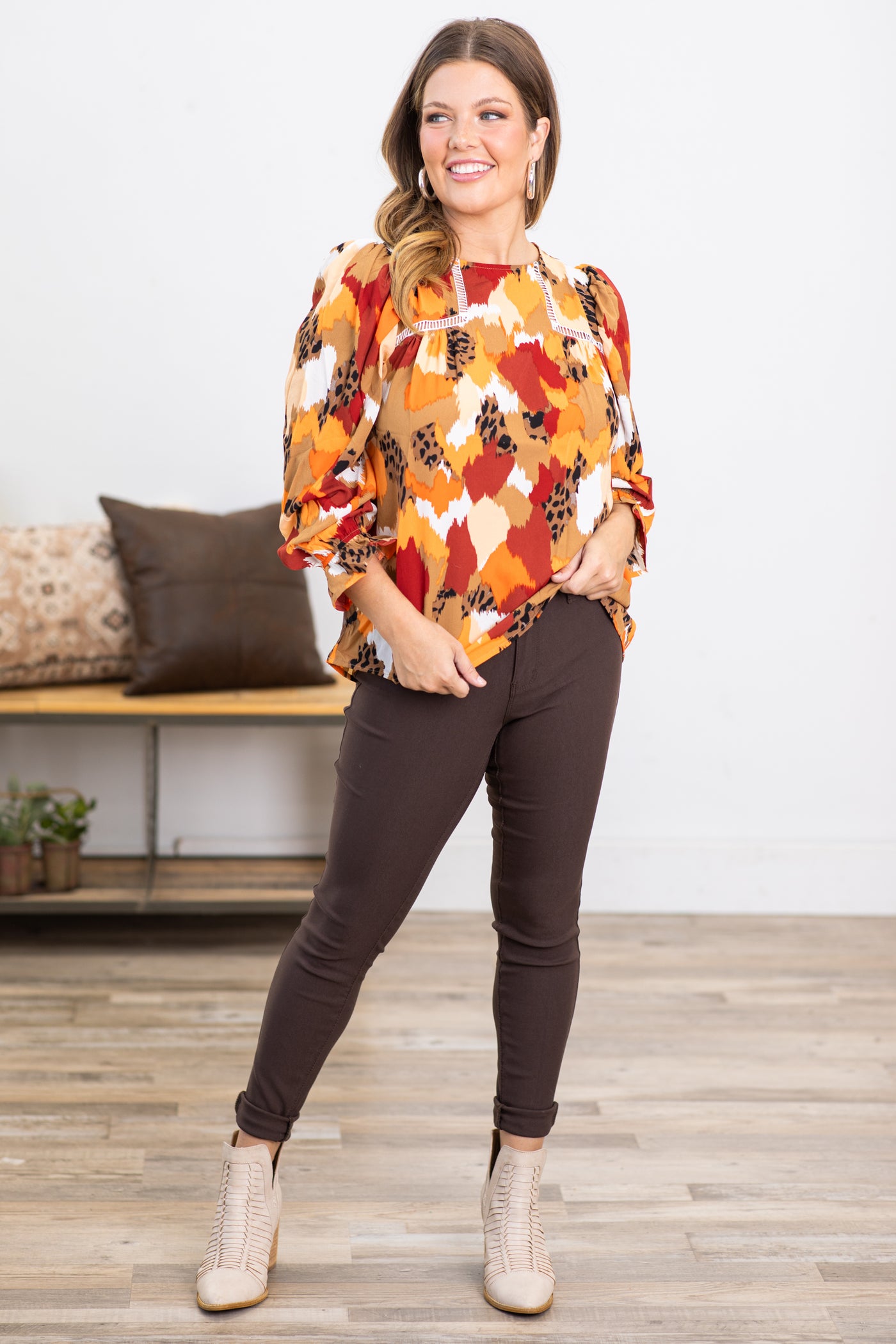 Wine and Orange Abstract Print Top