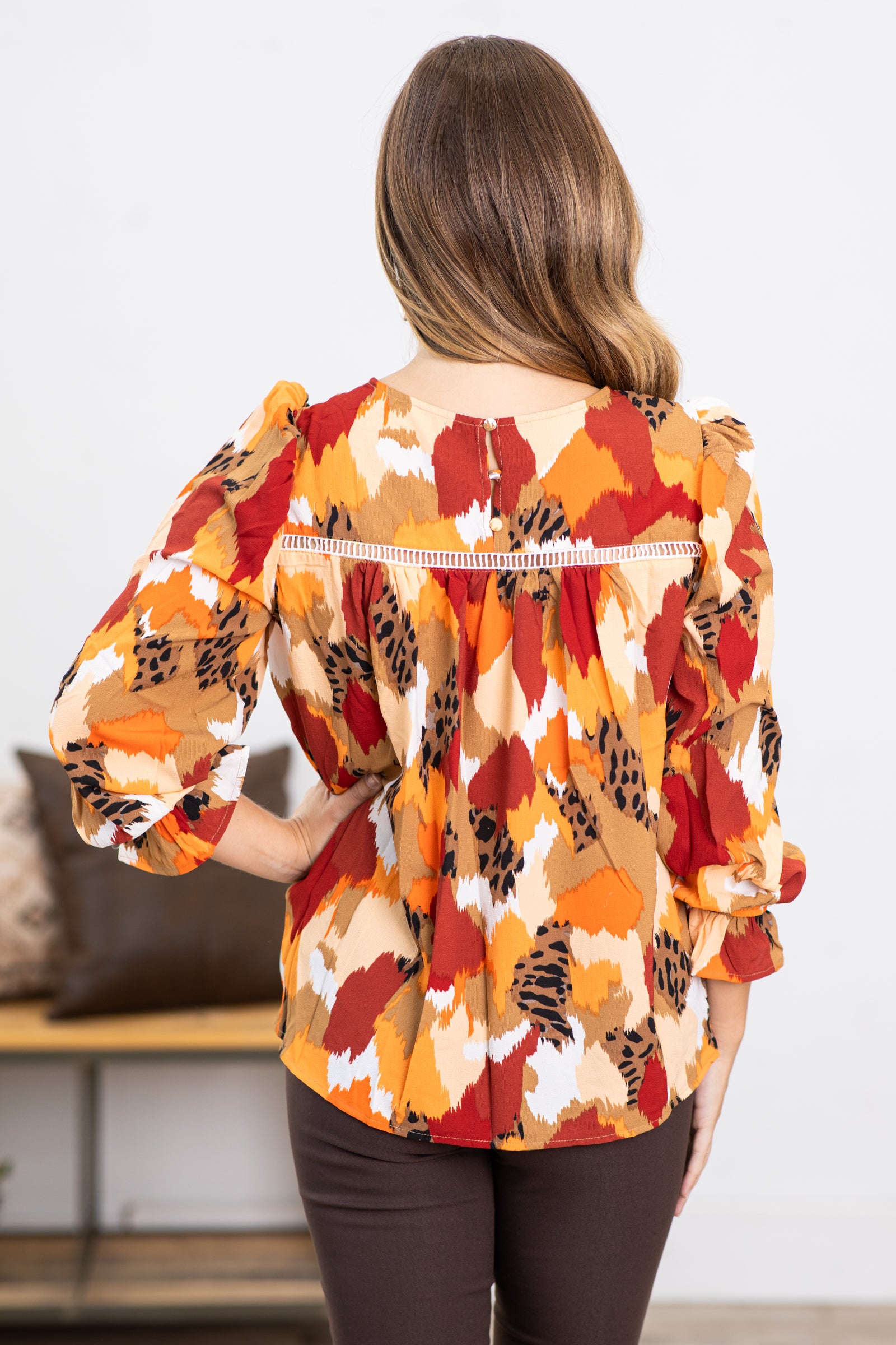 Wine and Orange Abstract Print Top