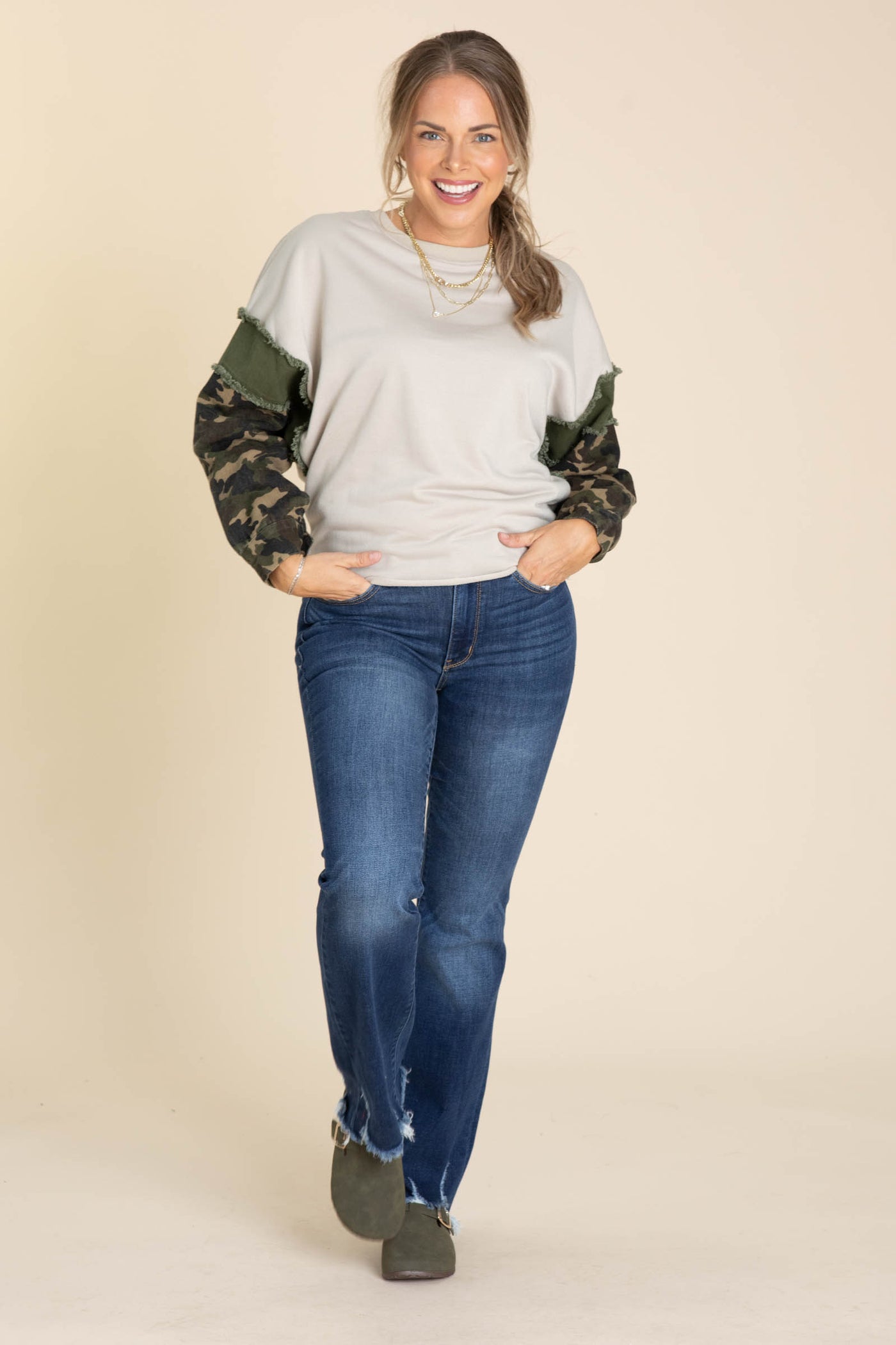 Taupe French Terry With Camo Sleeves Knit Top