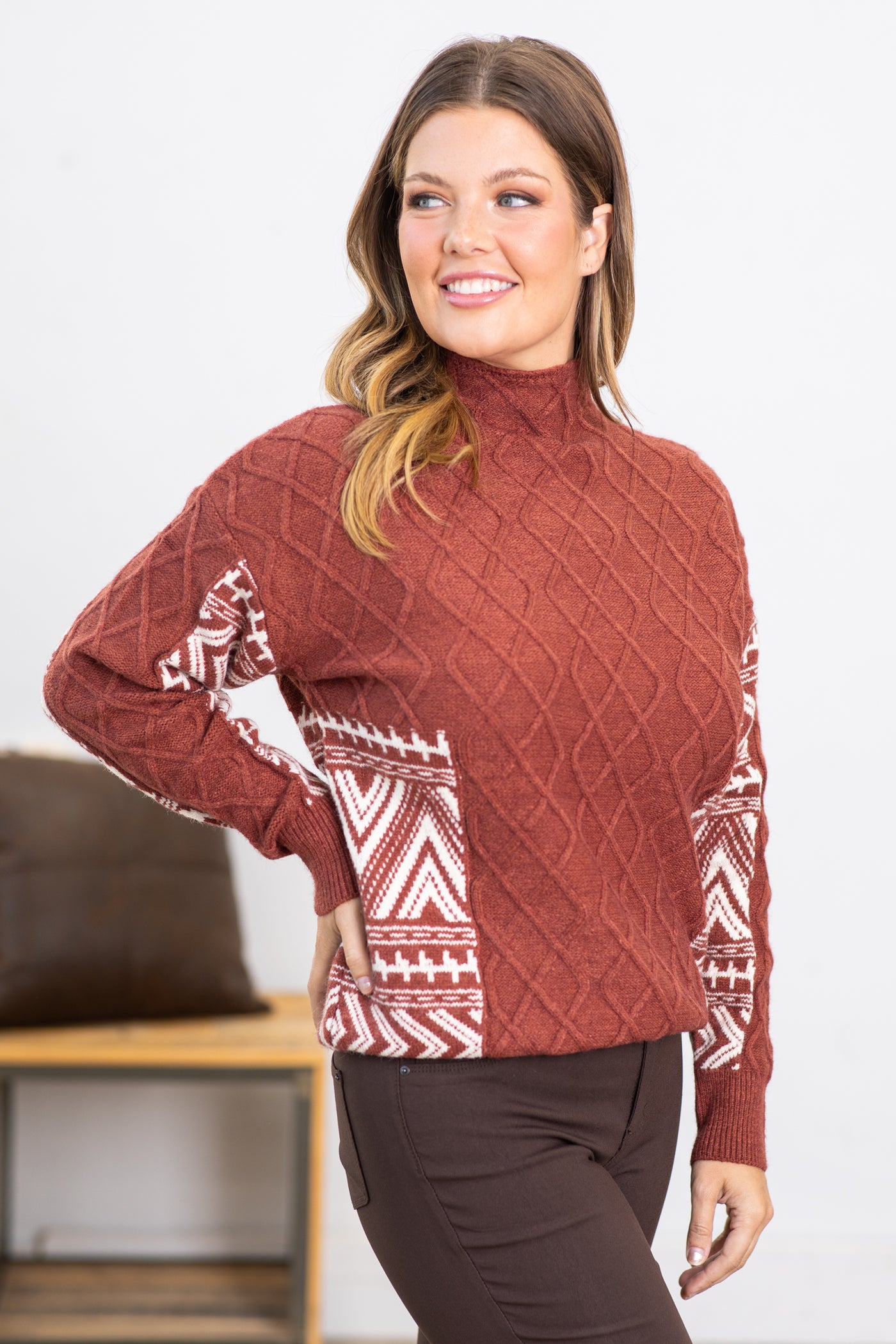Maroon and Ivory Aztec Sleeve Detail Sweater