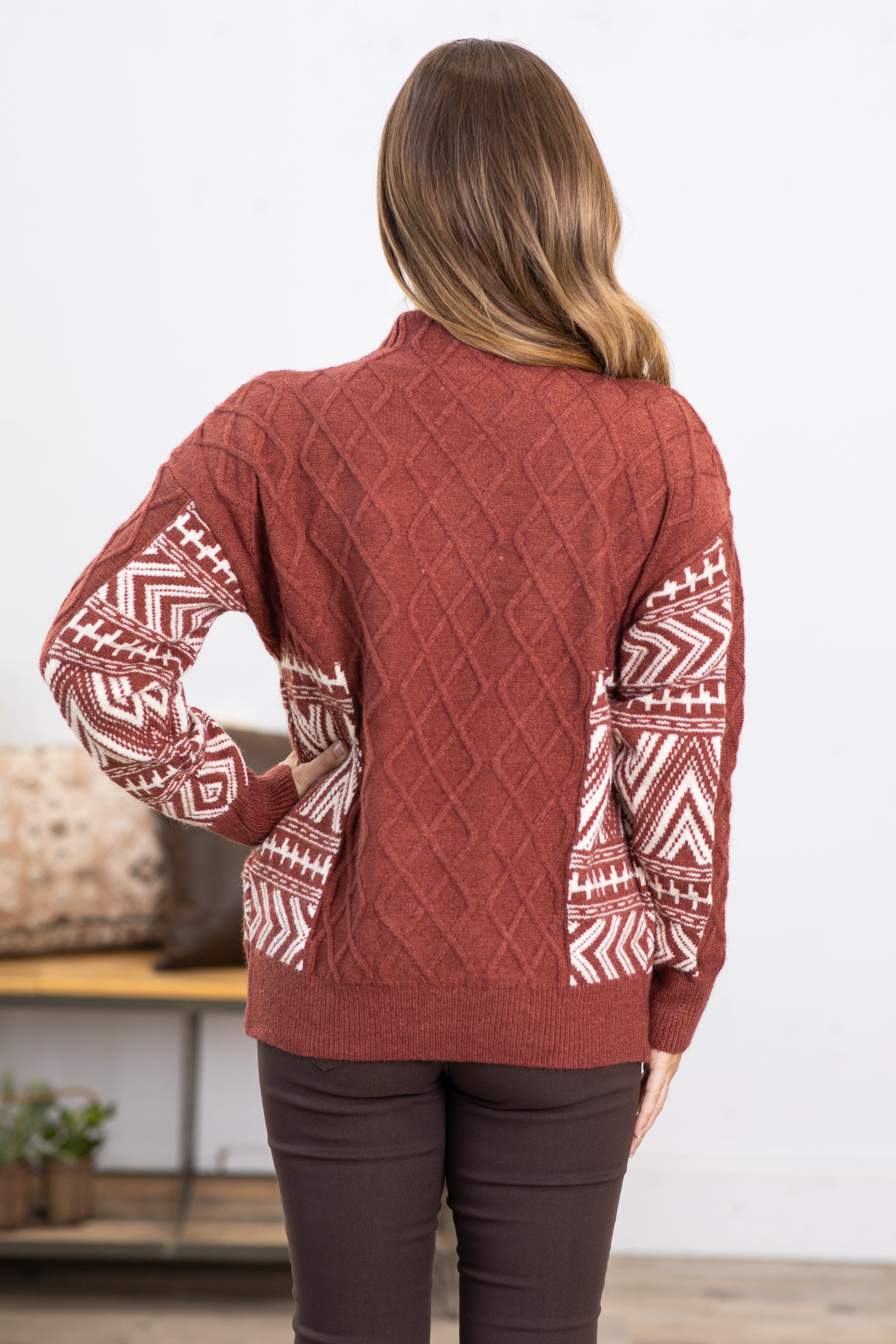 Maroon and Ivory Aztec Sleeve Detail Sweater