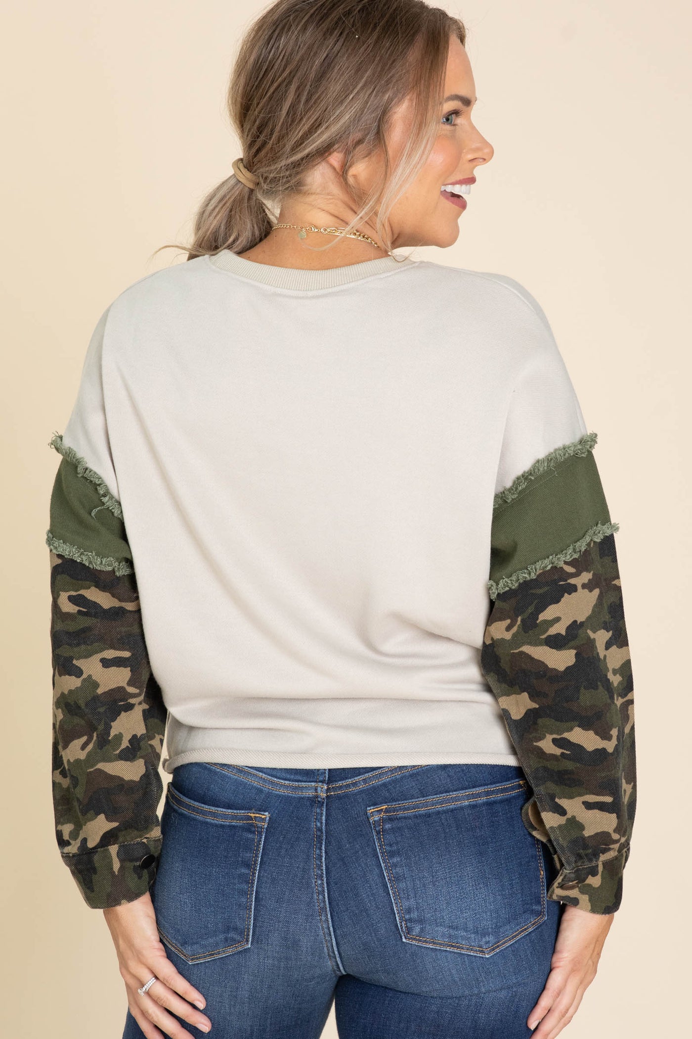 Taupe French Terry With Camo Sleeves Knit Top