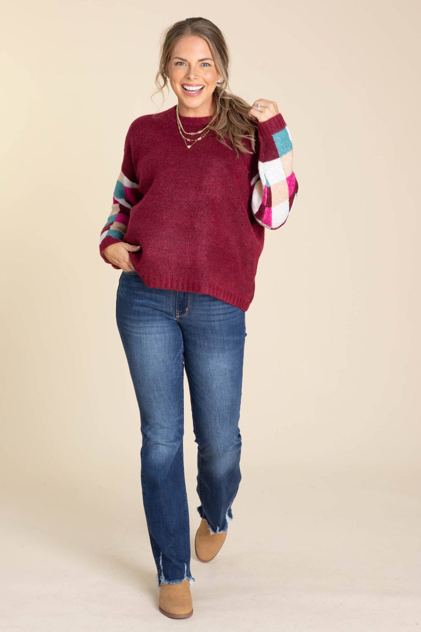 Maroon Colorblock Sleeves Sweater