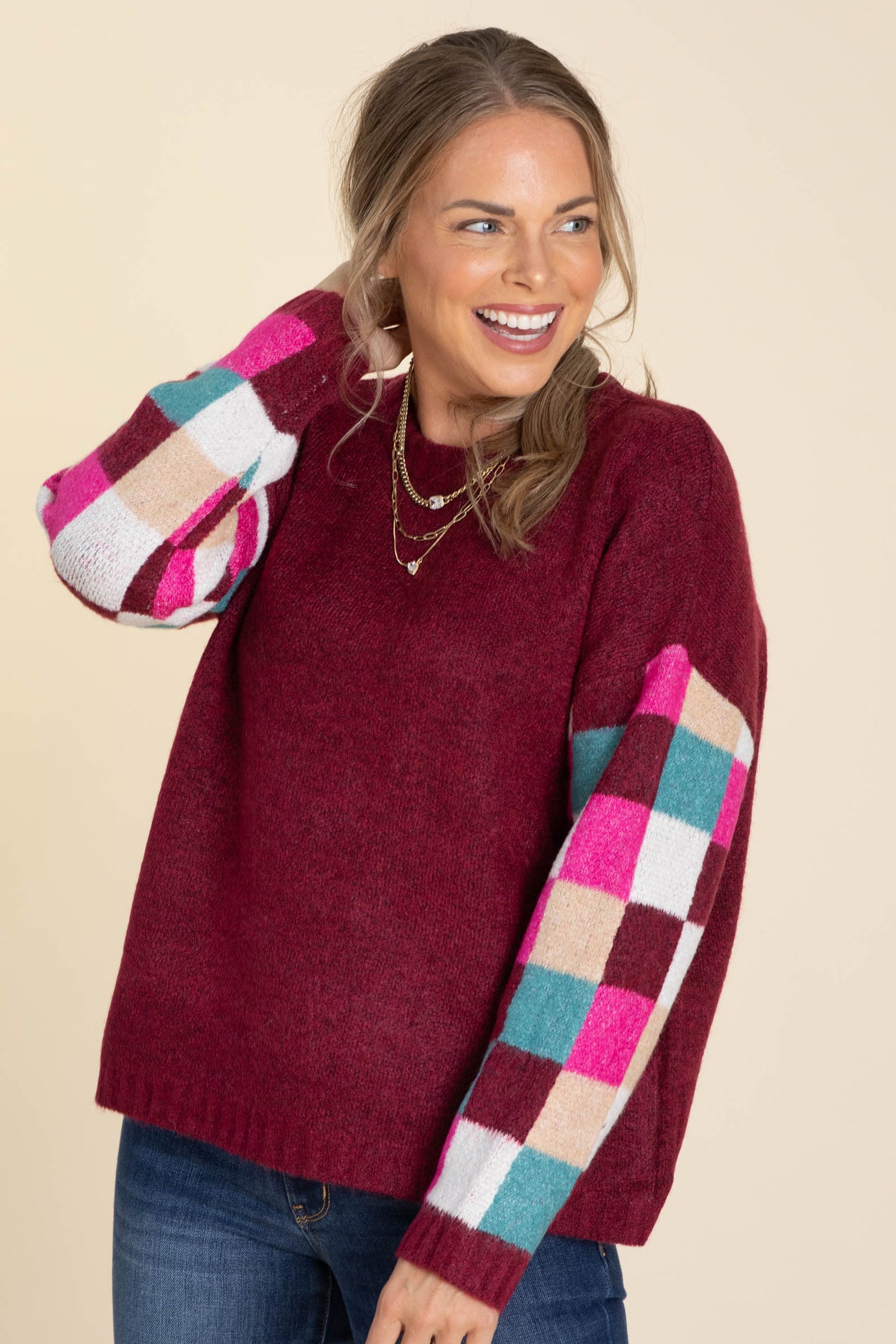 Maroon Colorblock Sleeves Sweater