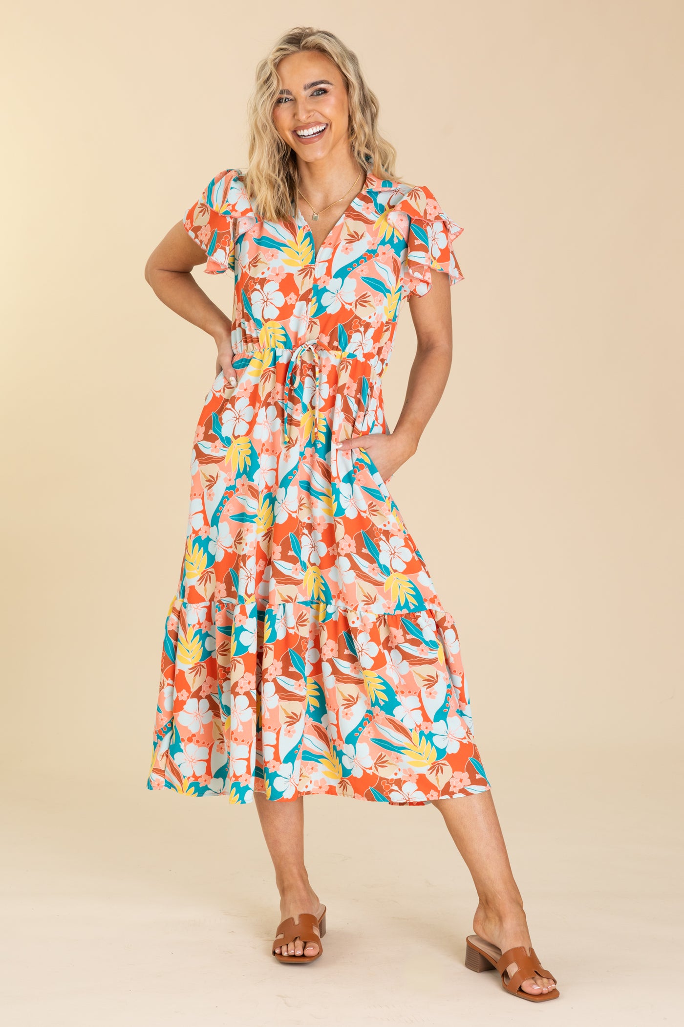 Coral Floral Print Elastic Waist Dress - S Coral Floral Print Elastic Waist Dress - S