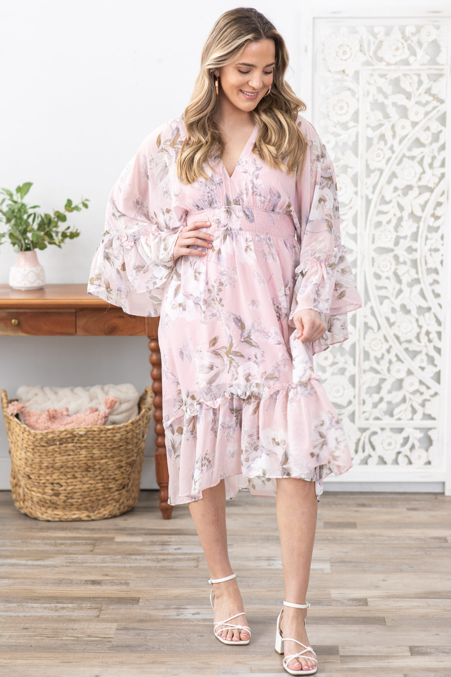 Blush Floral Print Dolman Sleeve Midi Dress