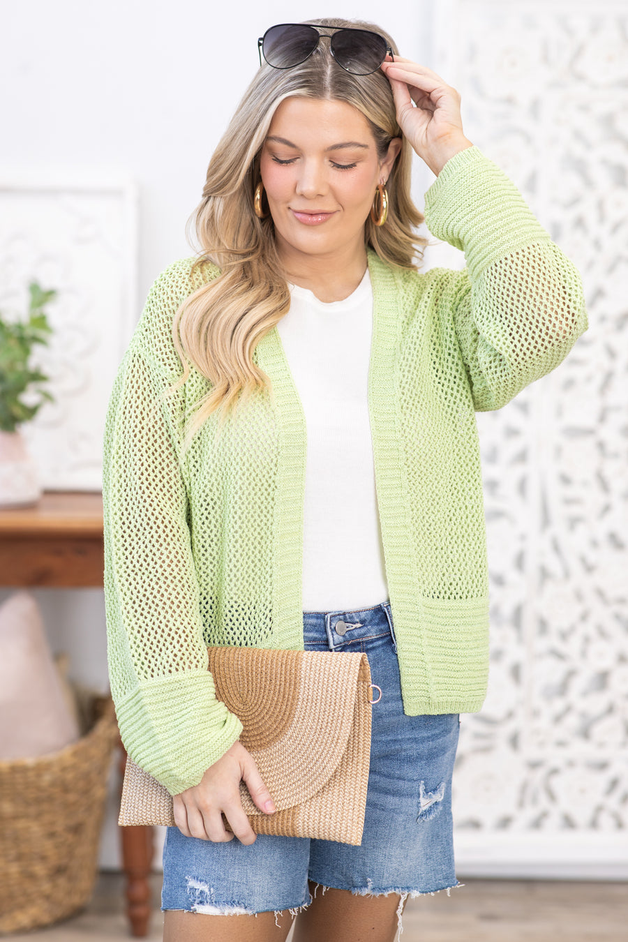 Light Green Hallow Knitted Cardigan