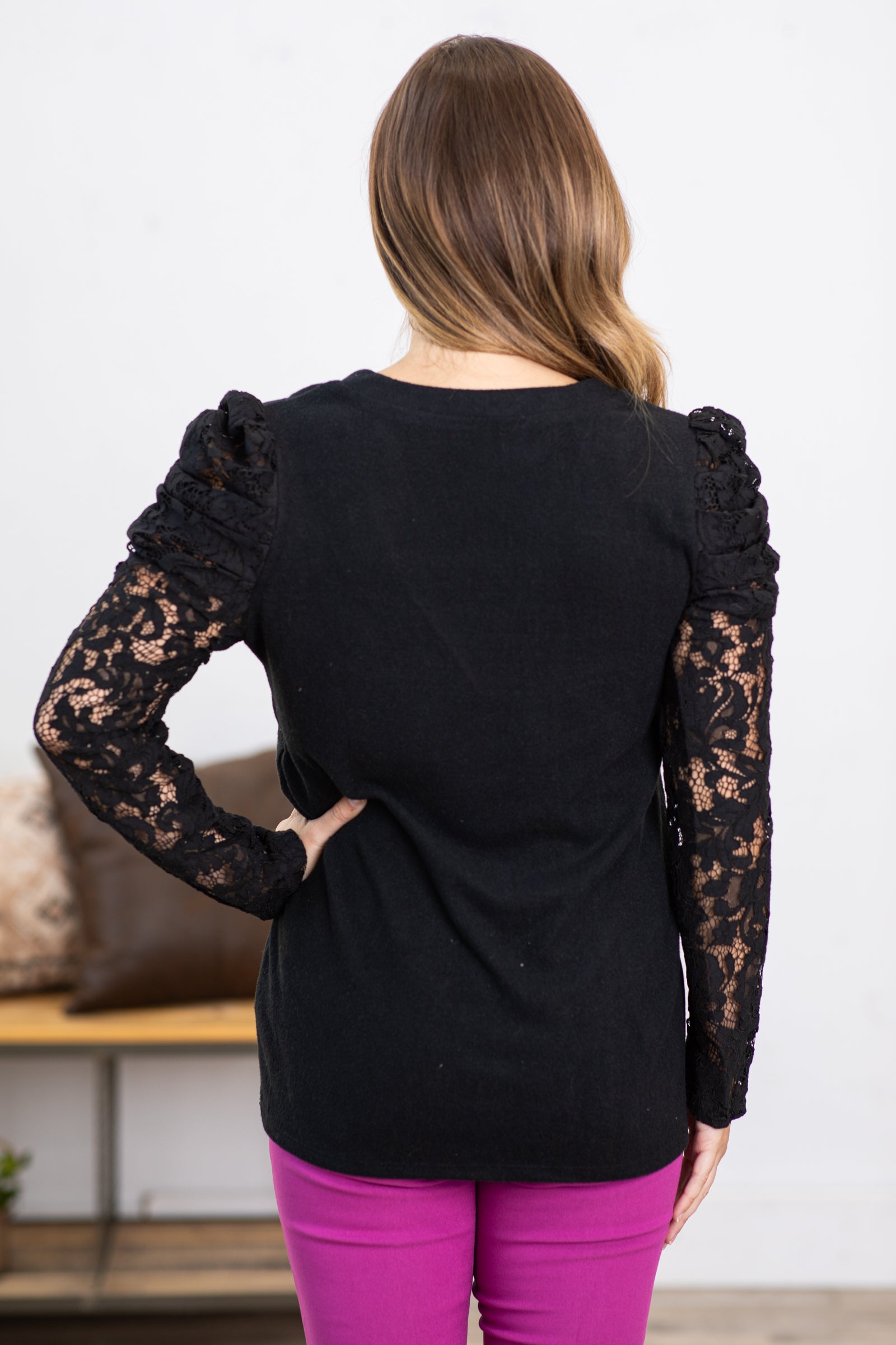 Black V-Neck Puff Lace Sleeve Sweater